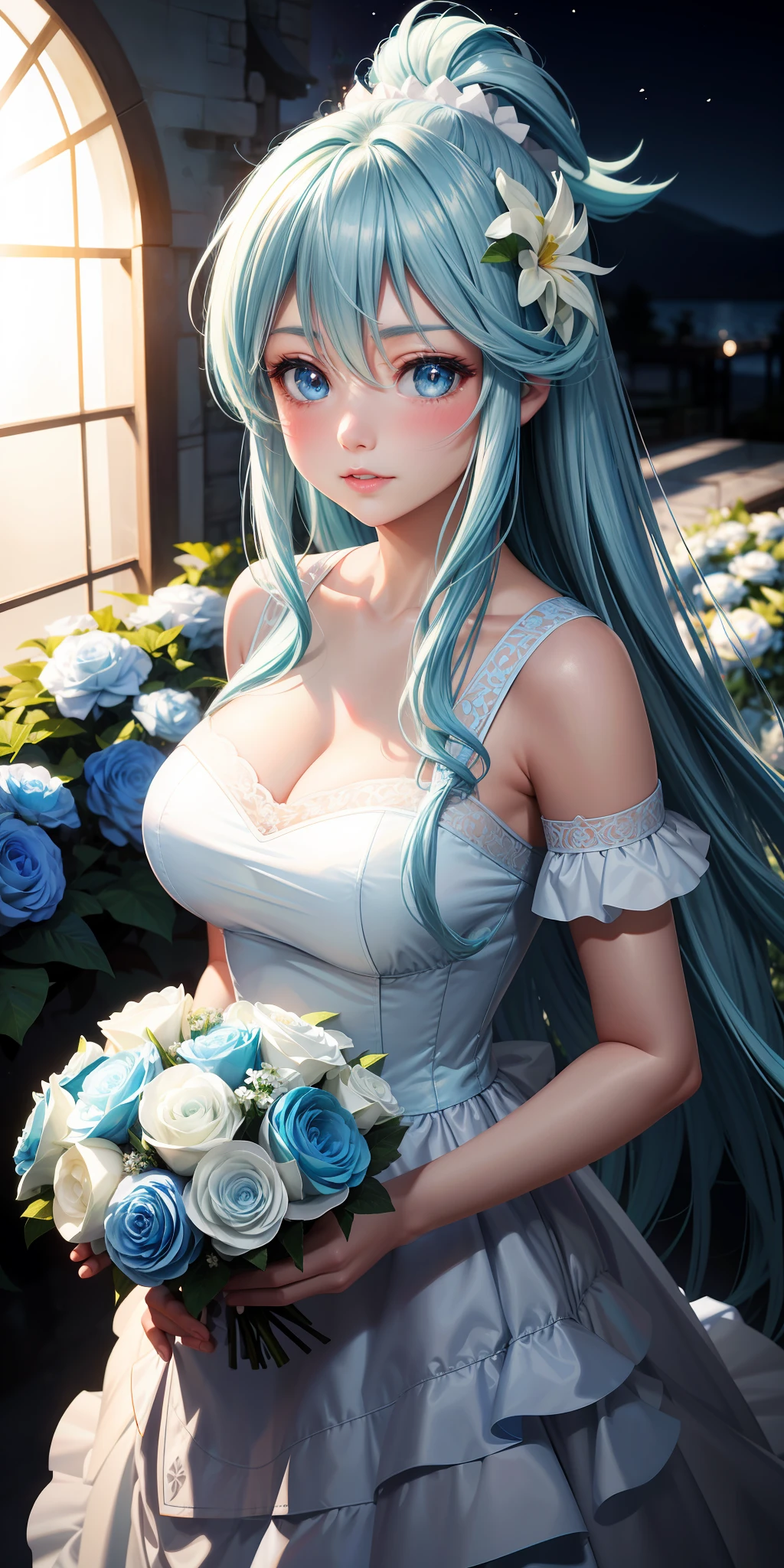 realistic, Aqua_konosuba, long light blue hair, blue eyes, bright eyes, cropped top, white wedding dress, lips half-open, blush, night, flowers, sun, sunlight.