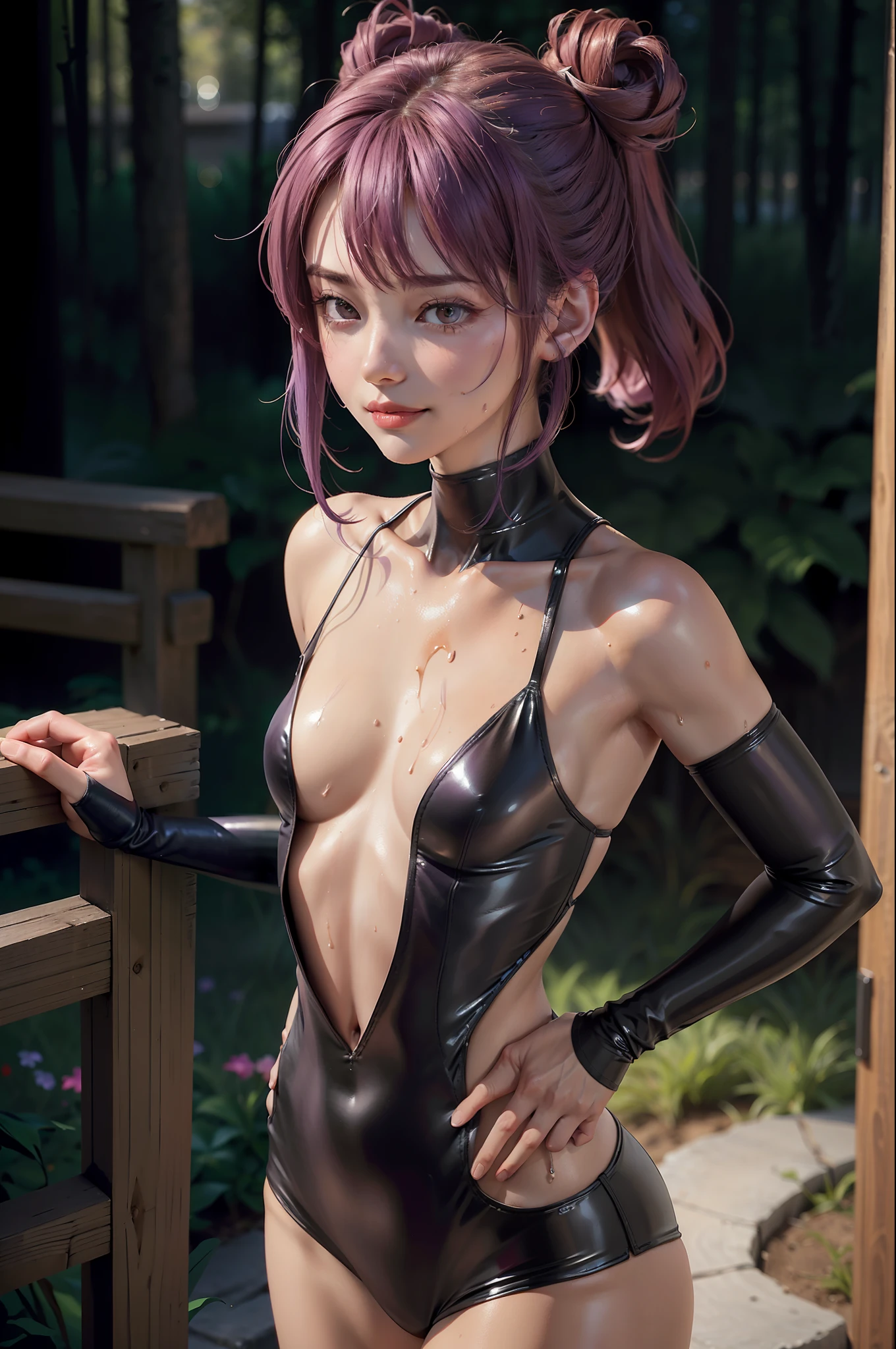 (Best Quality: 1.1), (Masterpiece: 1.2), Portrait,
1 Girl, yuzuriha_, Purple hair, Brown eyes, Ninja, Open clothing, Cleavage, Small tits, Top knots, Mid hair, Detached breasts, White band, Grinning, Outdoors, (blush:1.1), Flowers,
Pure_Innocent_girl, pureerosface_v1, ((torso))), subjective, ((((depth of field)))), pale and shiny skin, , sweating, wet skin