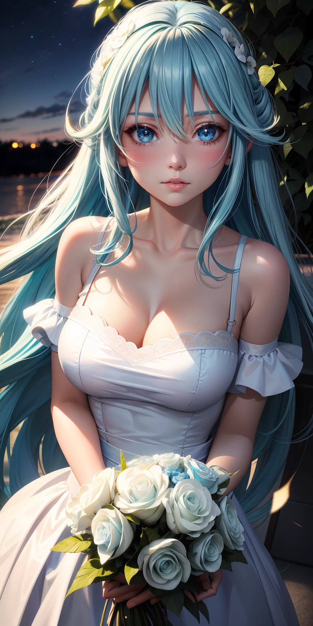 realistic, Aqua_konosuba, long light blue hair, blue eyes, bright eyes, cropped top, white wedding dress, lips half-open, blush, night, flowers, sun, sunlight.