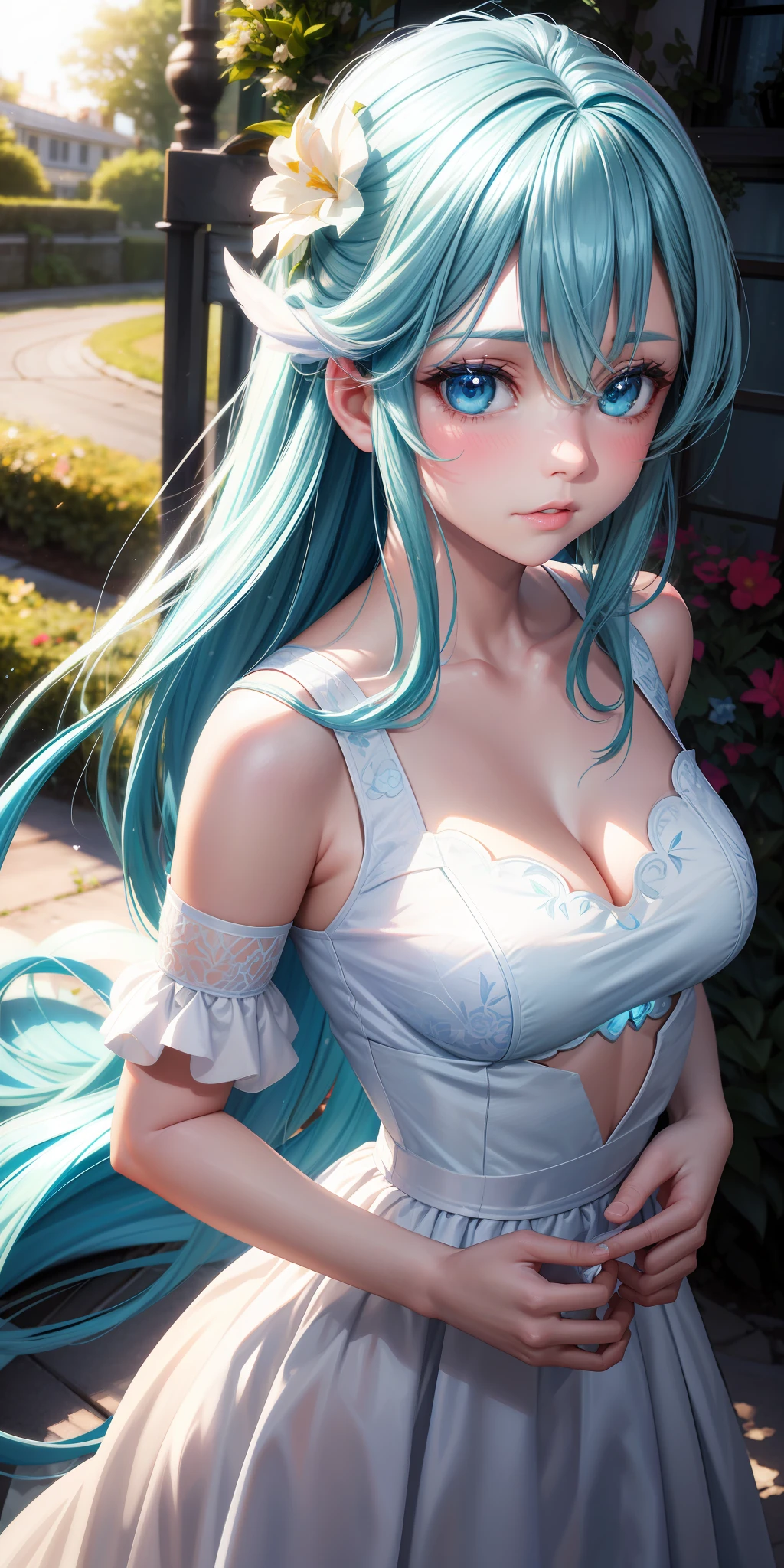 realistic, Aqua_konosuba, long light blue hair, blue eyes, bright eyes, cropped top, white wedding dress, lips half-open, blush, night, flowers, sun, sunlight.