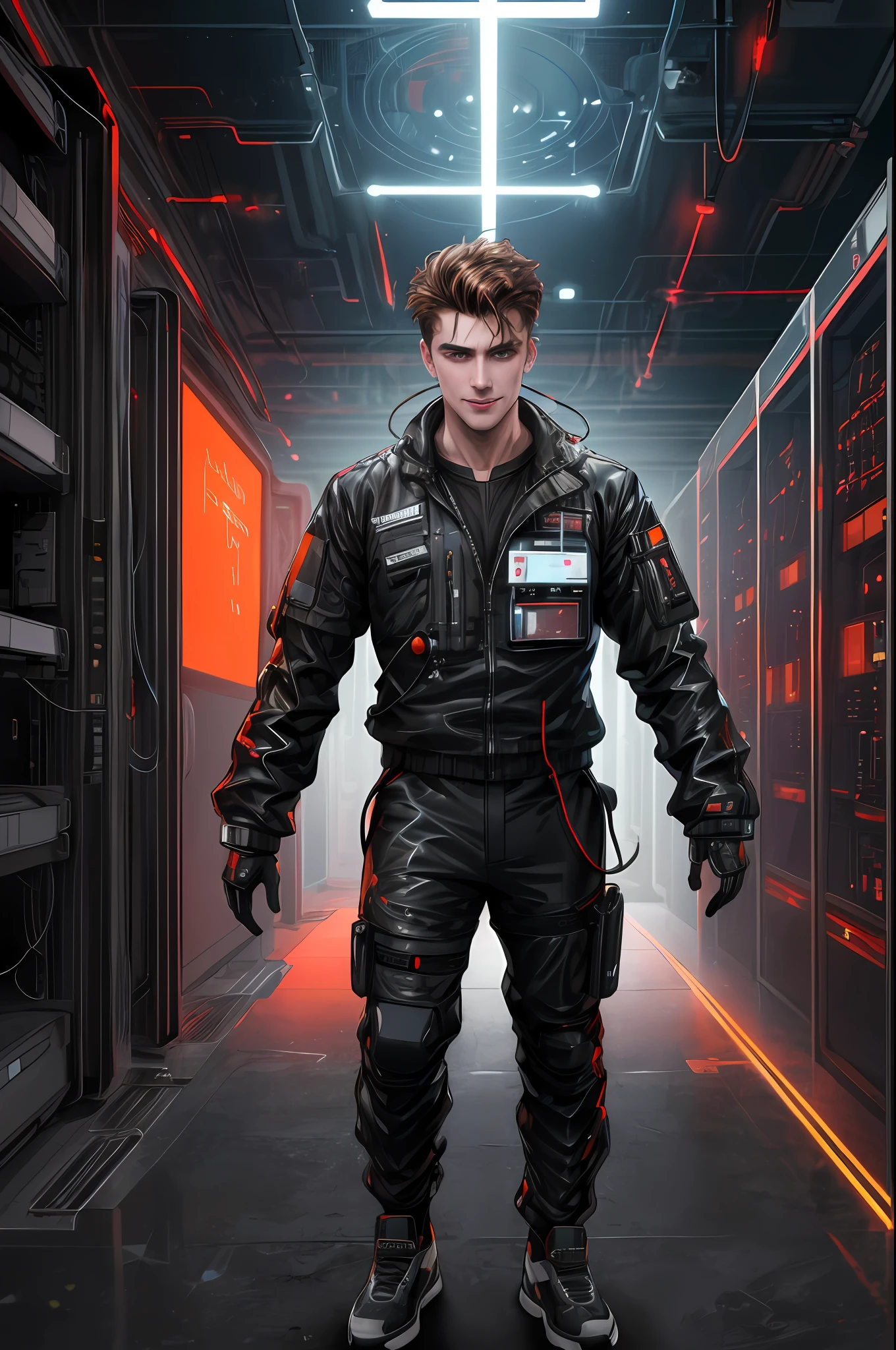 (absurd, intricate details, masterpiece, best quality, high resolution, 8k), 1 male, Swedish, mature, aged, handsome, finely detailed eyes and face, quiff brown hair, teary eyes, looking at viewer, solo, (full body: 0.6), detailed background, detailed face, (CircuitBoardAI, electronic theme:1.1) futuristic hacker of evil high tech, smile, advanced technology, techwear, keycard, cables, (holographic display:1.05), error message, computer, password, a board written futurotech red color server room in the background, orange lights, cyber warfare, dark sinister atmosphere, depth of field, visual effects.