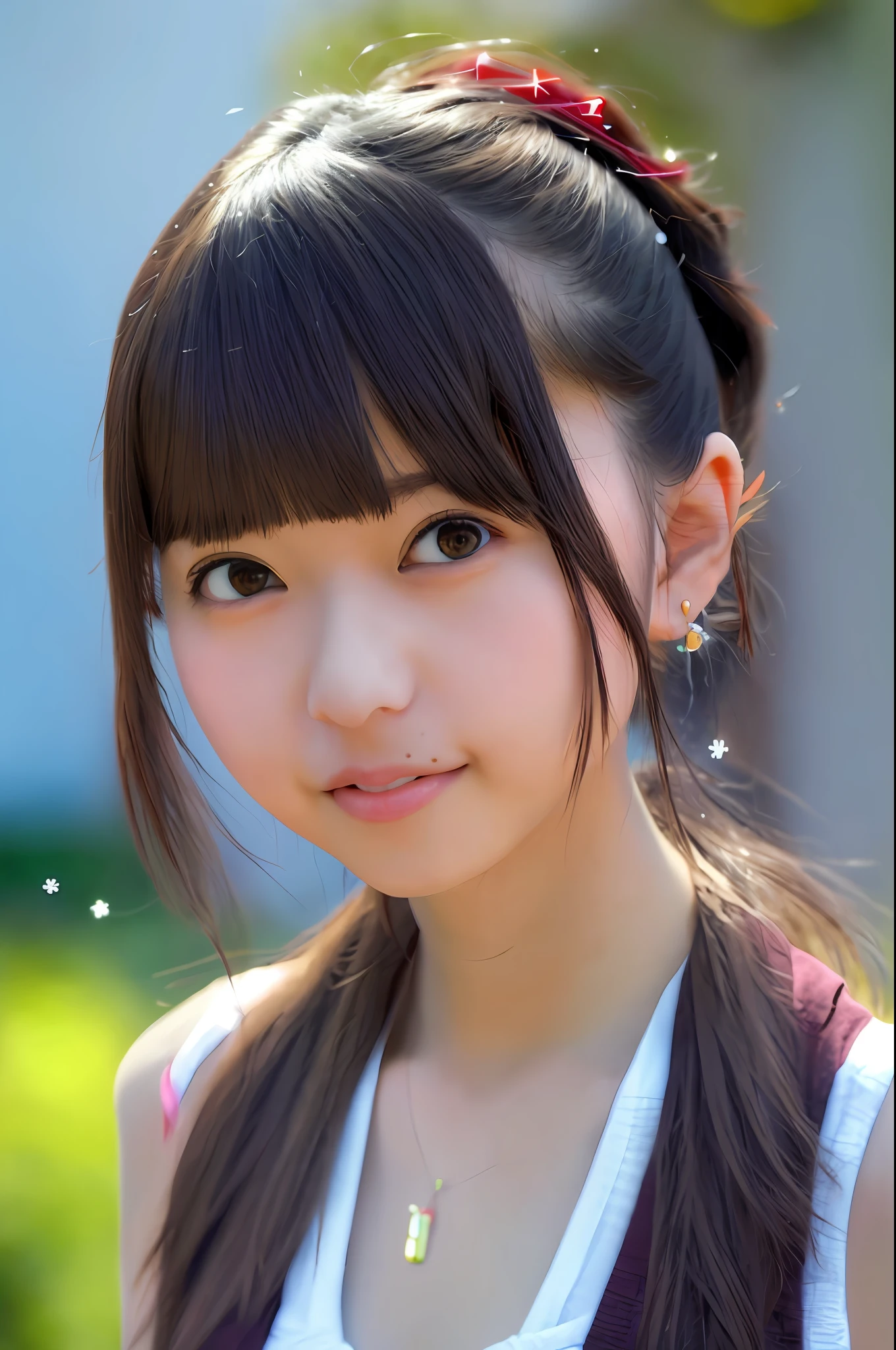 (4k, Best Quality, High Resolution:1.1), (Realistic, Photorealistic:1), Cute Girl With Flat Breasts, Asuka, (Cute:1.8), Cuties, Solo, (Flat Breasts:1.2), Detailed Eyes, Brown Eyes, Innocent Eyes, Blushing, Random Clothes, Masterpieces, Beautiful Lighting, Cinema Lights, Film Grain, Jewelry, Heart-Shaped Earrings, Bangs, Cherry Lips, viewer, upper body, open lips, ponytail, side ponytail, two sideways, depth of field, blurred background, eye focus, bokeh, 85mm lens, f/1.4, professional lighting, photon mapping, radiosity, physically based rendering, high detail, masterpiece,