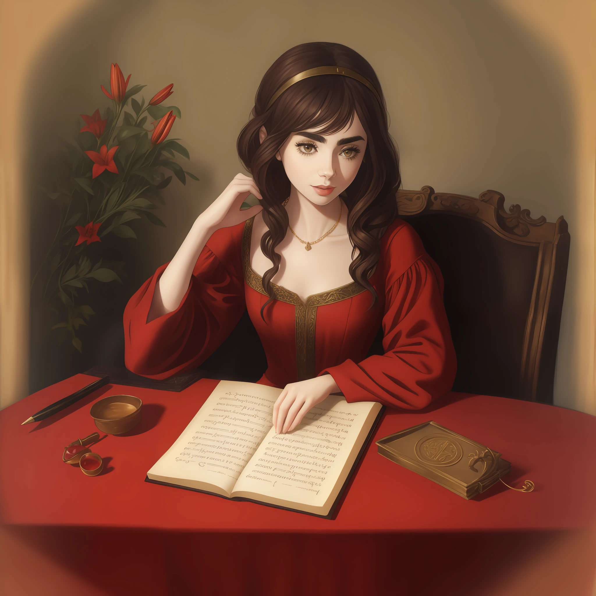 Lily Collins in medieval red dress, black curly hair writing with inkwell on a parchment