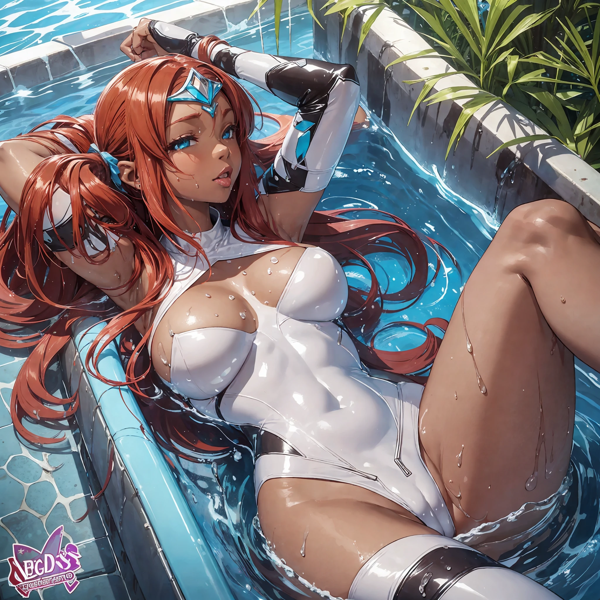 solo,full body, sexy white latex fullbody swimsuit, View from above, (gerudo woman from legend of zelda), ((dark skin)), red hair, perfect body, looking with anticipation and extasy into camera, masterpiece, hyper realistic anime art, (((erotic pose))), seductive, sexy, 1 girl, ahegao, tongue out, saliva dripping, pure pleasure face, (water on breasts), sweating, wet skin, erotic, poolside, cleavage, lying on pool float, stretched legs, hand behind head --auto --s2