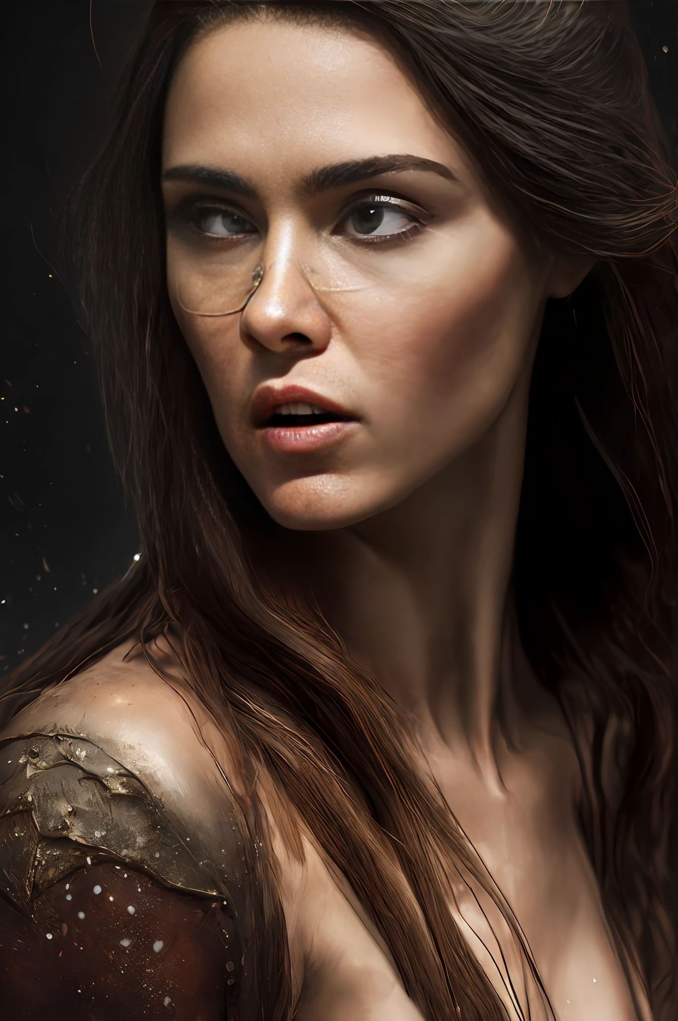 A photo of the most beautiful work of art in the world using software
A brilliant, (epic, heroic fantasy), beautiful woman with long wet hair
Wounded angry, looking with long hair
and a fierce look in a dynamic pose)), chest, full face, backed breasts, Soft breasts peeking out from under the clothes, (dark background:1.4)
(epic realism, HDR, complex details, hyper-detail, cinematic, rim lighting, muted: 1.5),
((fantastic location, majestic cluttered environment)),
skin pores, very dark lighting,
heavy shadows, detailed, detailed face (photo)
Realistic, Dramatic, Dark, Clear Focus, 8K),
(weathered, damaged old worn-out leather outfit: 1.5),
(difficult:1.4), decadent (very detailed:1.4), octane render,
sharp focusing,
heavy rain, floating particles