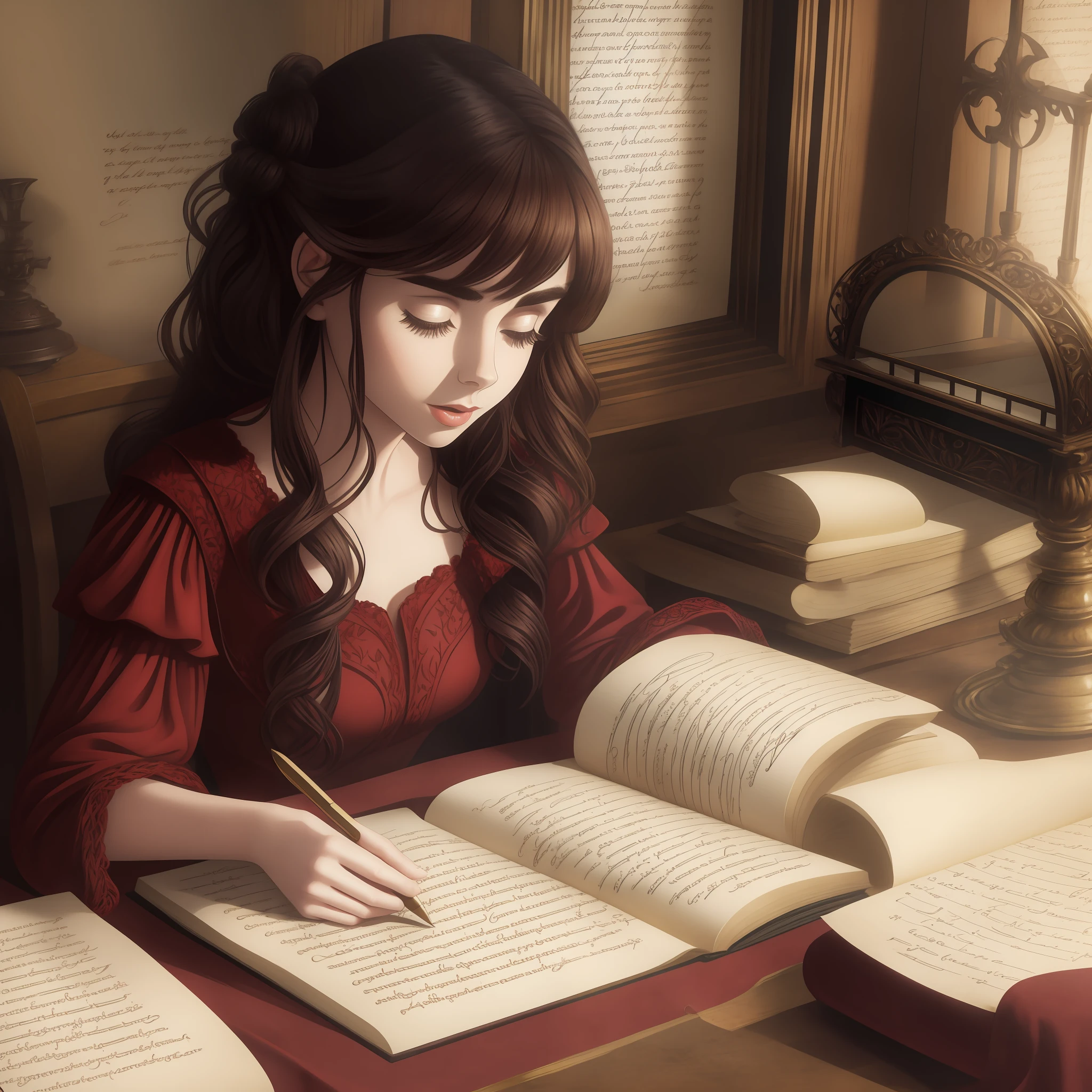 Lily Collins in medieval red dress, black curly hair writing on a parchment with inkwell