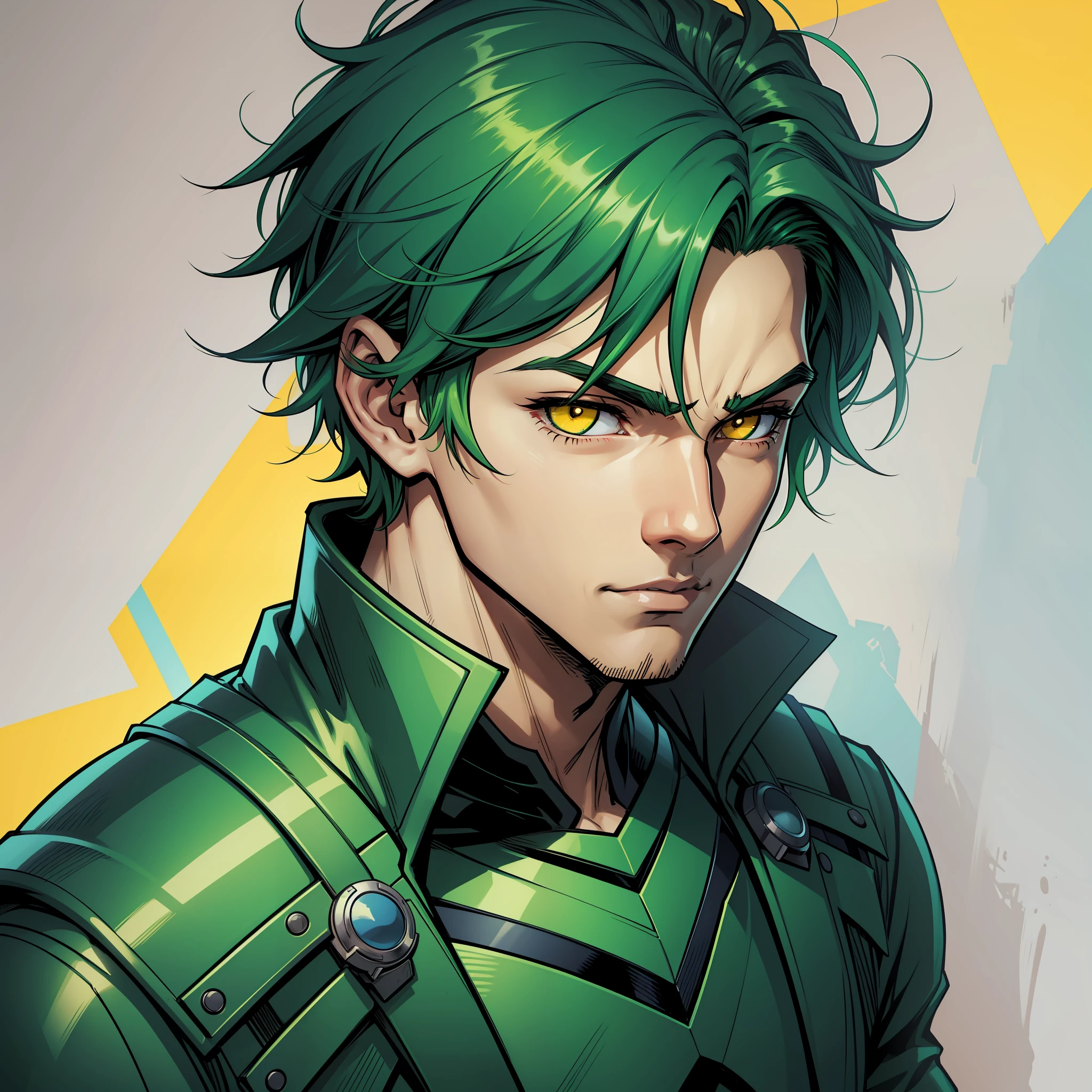 a boy comics style, front view, green hair, yellow eyes, vivid colors --auto --s2