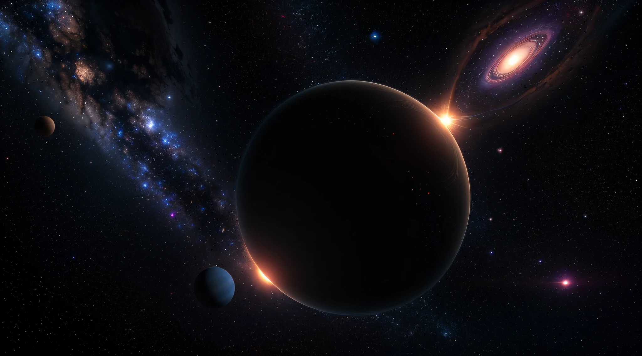((master)), ((best quality)), ultra-detailed CG unity 8k wallpaper, incredibly delicate and beautiful illustration, floating, high resolution, dynamic, dark black background, stellar space, large white luminescent stars, a huge black hole in the background, colorful planets floating in a cosmic maelstrom.