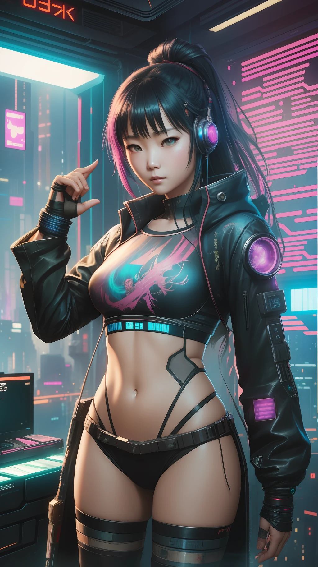 Beautiful hyperrealistic photograph of cute asian cyberpunk girl, wearing cyberpunk clothes, cluttered Blade Runner apartment, dynamic pose, concept art, By Brian Froud and Carne Griffiths and Wadim Kashin and John William Waterhouse, intricate detail, 8k post-production, High resolution, super Detail, trending on ArtStation, sharp focus, studio photos, intricate detail