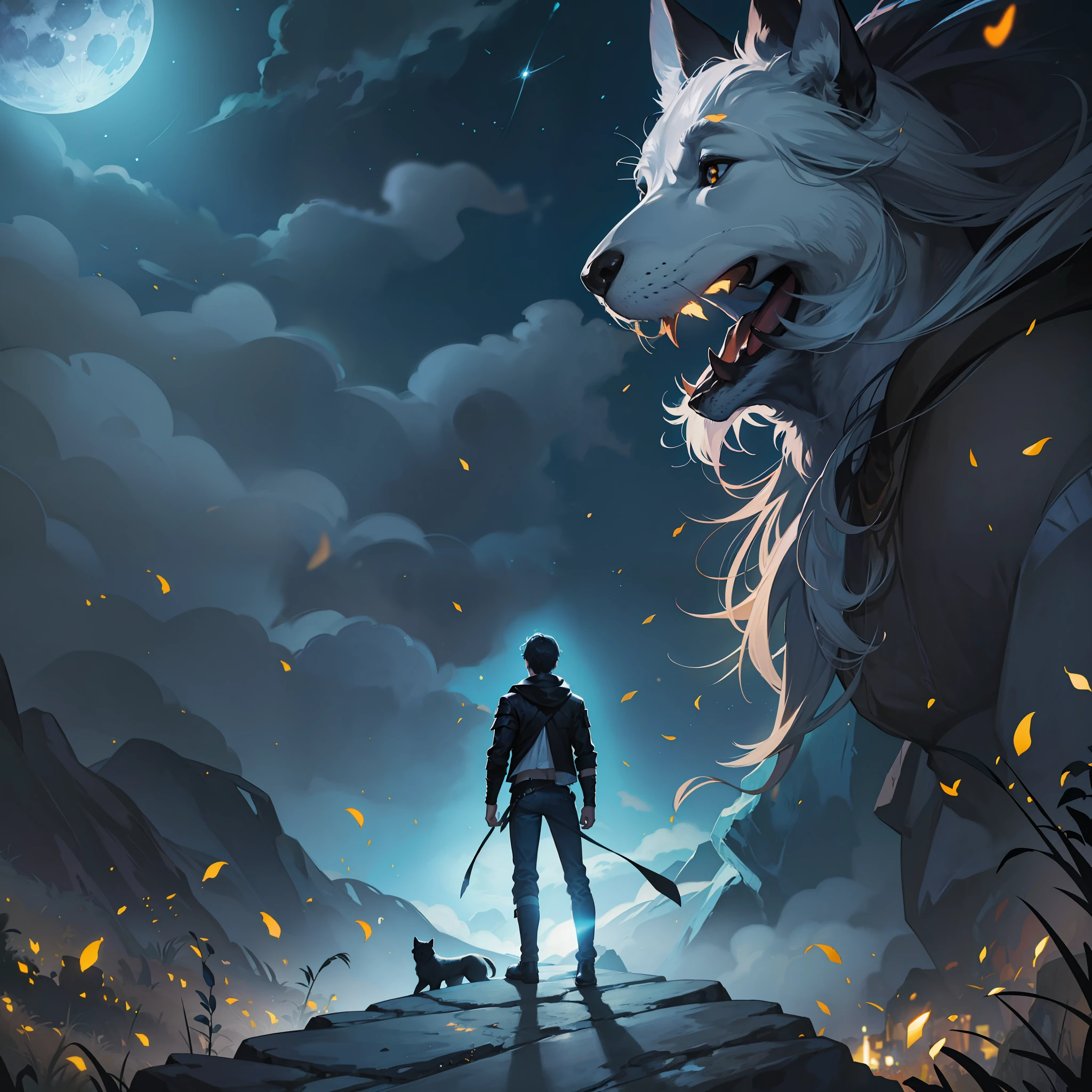 boy and his dog, standing on an ancient rock, perfect body, dark cinematic, beautiful face ,night, dark night, blue moon, ultra high quality, fireflies, magical, mysterious, full blue moon, photo realistic, silhouette, ultra hd, fireflies in the background, no lights