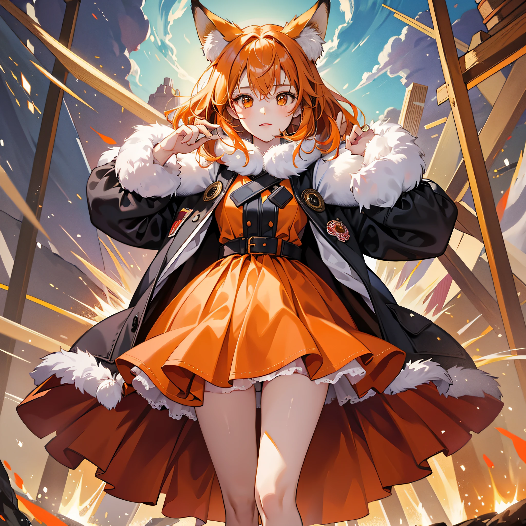 Absurd, masterpiece, high quality, highly detailed, 1girl, lifeland, fox girl, orange hair, short dress, standing, shoulders exposed, legs crossed, arms to shoulders, winter, manga style --auto --s2