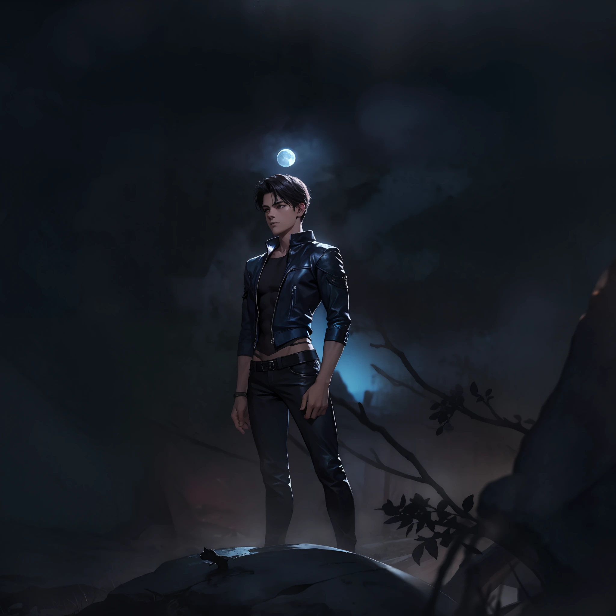  boy and his dog,  standing on an ancient rock, perfect body, dark cinematic, beautiful face ,night, dark night, blue moon,  ultra high quality, fireflies, magical, mysterious, full blue moon, photo realistic, silhouette, ultra hd, fireflies in the background, no lights