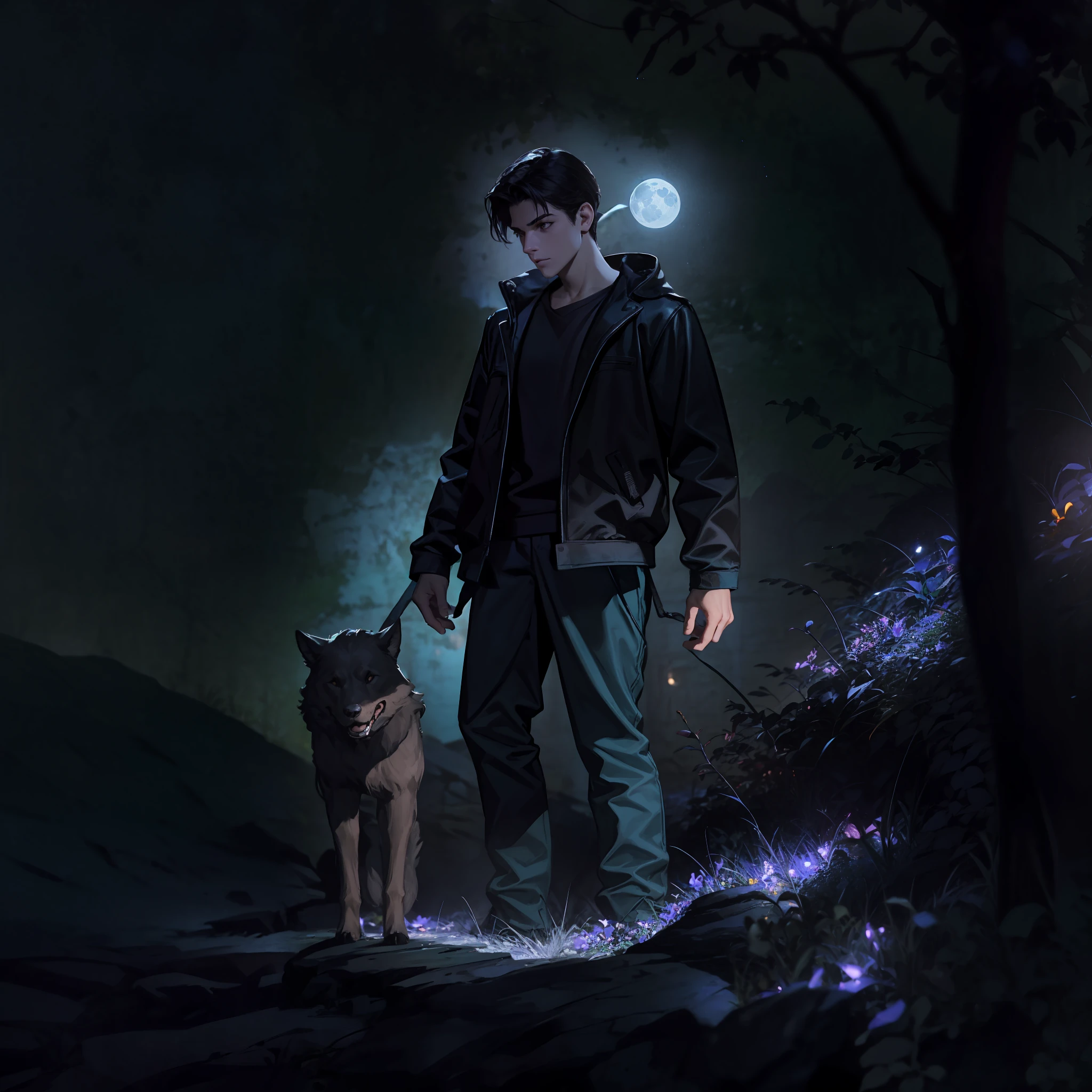 boy and his dog, standing on an ancient rock, perfect body, dark cinematic, beautiful face ,night, dark night, blue moon, ultra high quality, fireflies, magical, mysterious, full blue moon, photo realistic, silhouette, ultra hd, fireflies in the background, no lights