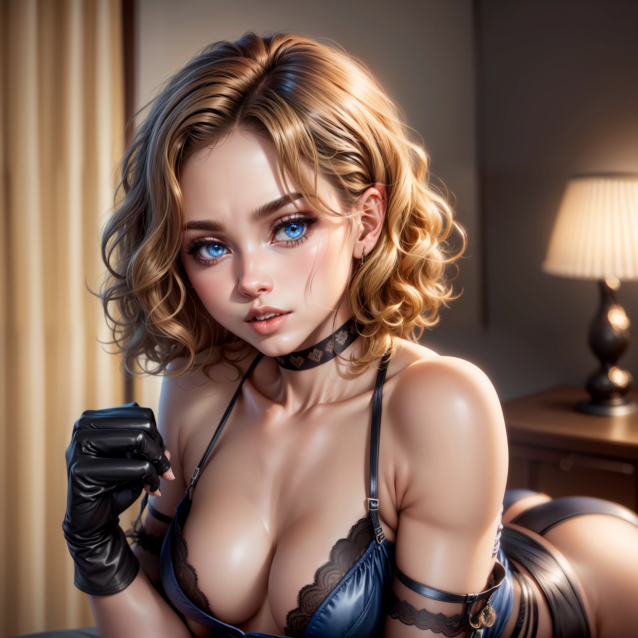 close up Raw image shot, sexy supermodel, dynamic sexy pose, black stockings, black lingerie, sexy pose, blue eyes, (short hair:1.5, wavy hair:1.3, honey-blonde hair), ((small breasts)), masterpiece, 8k