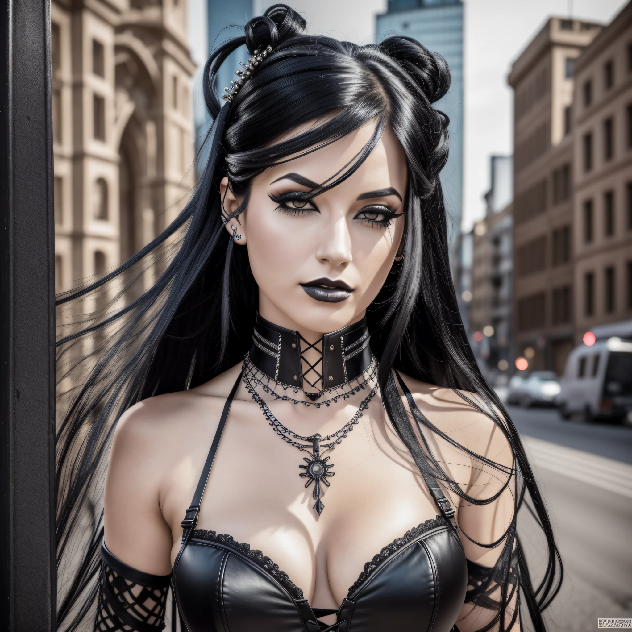 masterpiece, best quality, {30 year old woman}, long black hair, expressionless, windswept hair, black leather corset, black lipstick, detailed eyes, looking in front of the camera, gothic architecture, outside, modern city scenery, facial piercings, building with mirrored glass, twilight, black arm touches, lip piercing, {eroticism 1.5} --auto --s2