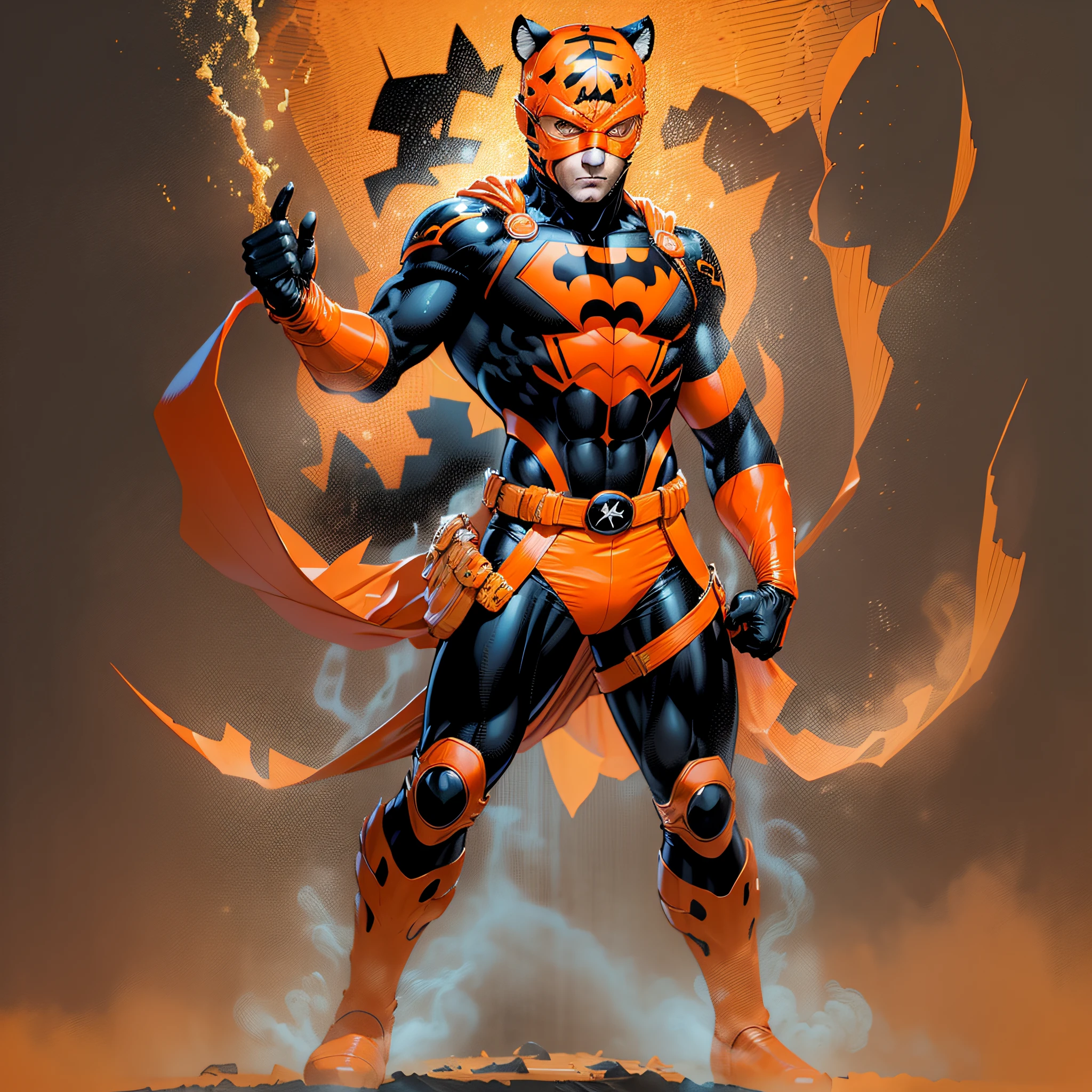 Cute young man 22 years old,orange mask covering his face with tiger ear,orange brusa,black long sleeves,orange glove,orange belt,black pants,orange boot,super hero,full body,white background