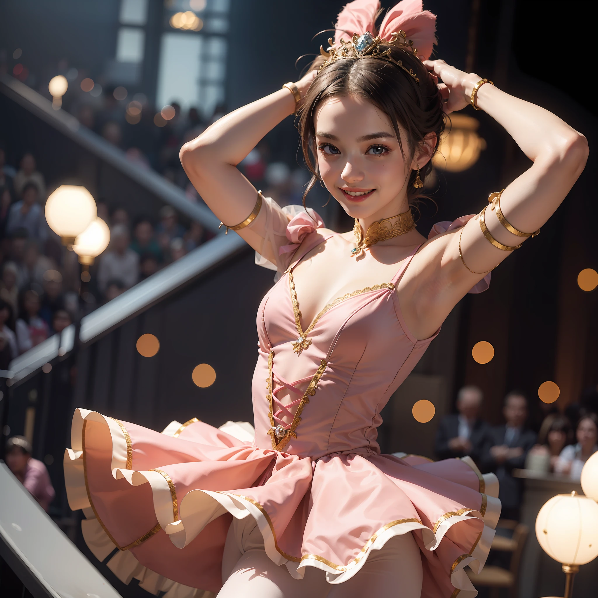 "Closeup of a rat dressed in ballerina outfit dancing with a smile on her face, the detailed and realistic textures of her outfit and skin bring a pleasant and charming feel. The scenic lighting and dramatic stage background add comfort and a sense of beauty to the performance."