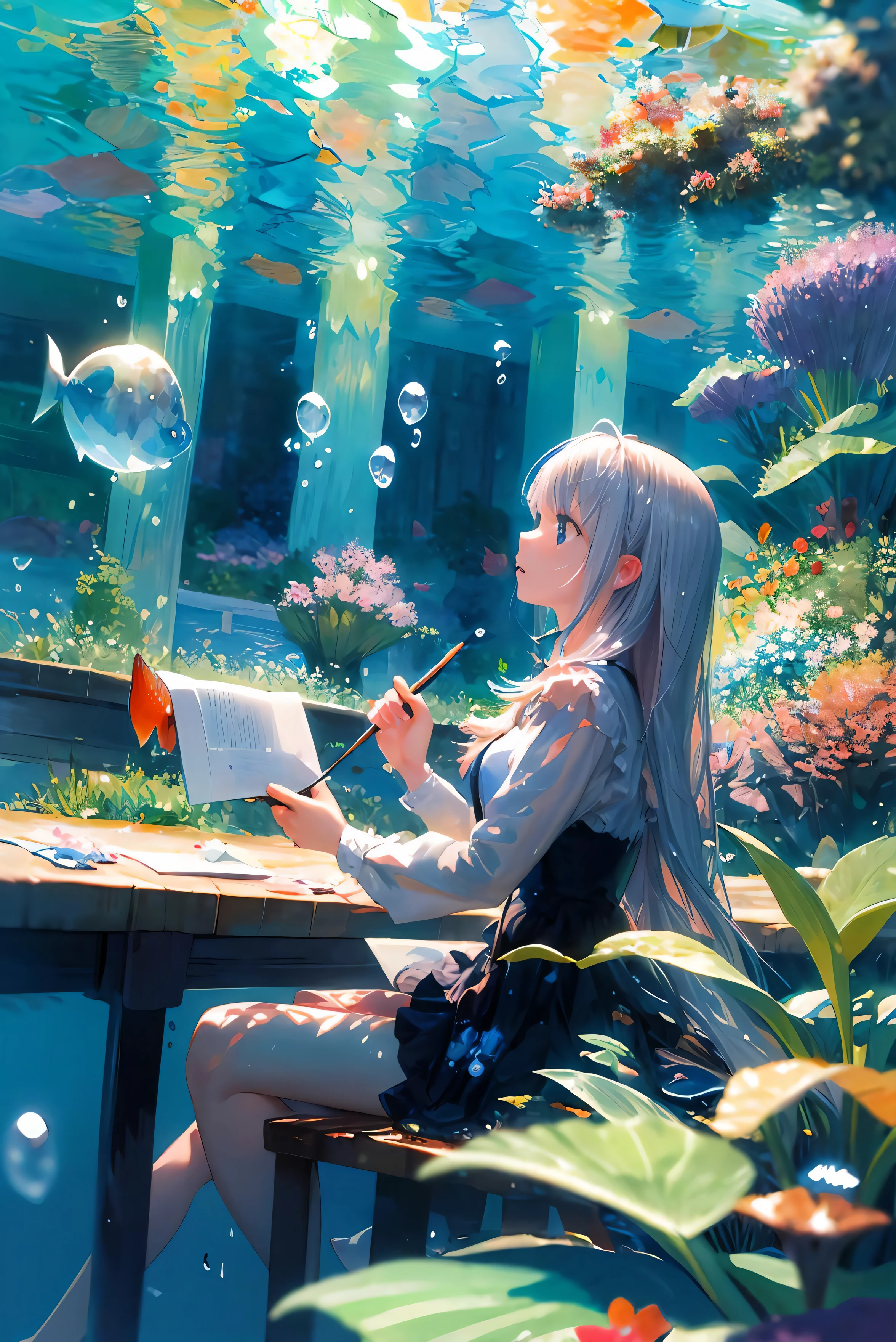 very long silver hair, bubble, air_bubble, underwater, fish, submerged, solo, water,(Impressionism:1.4),looking afar