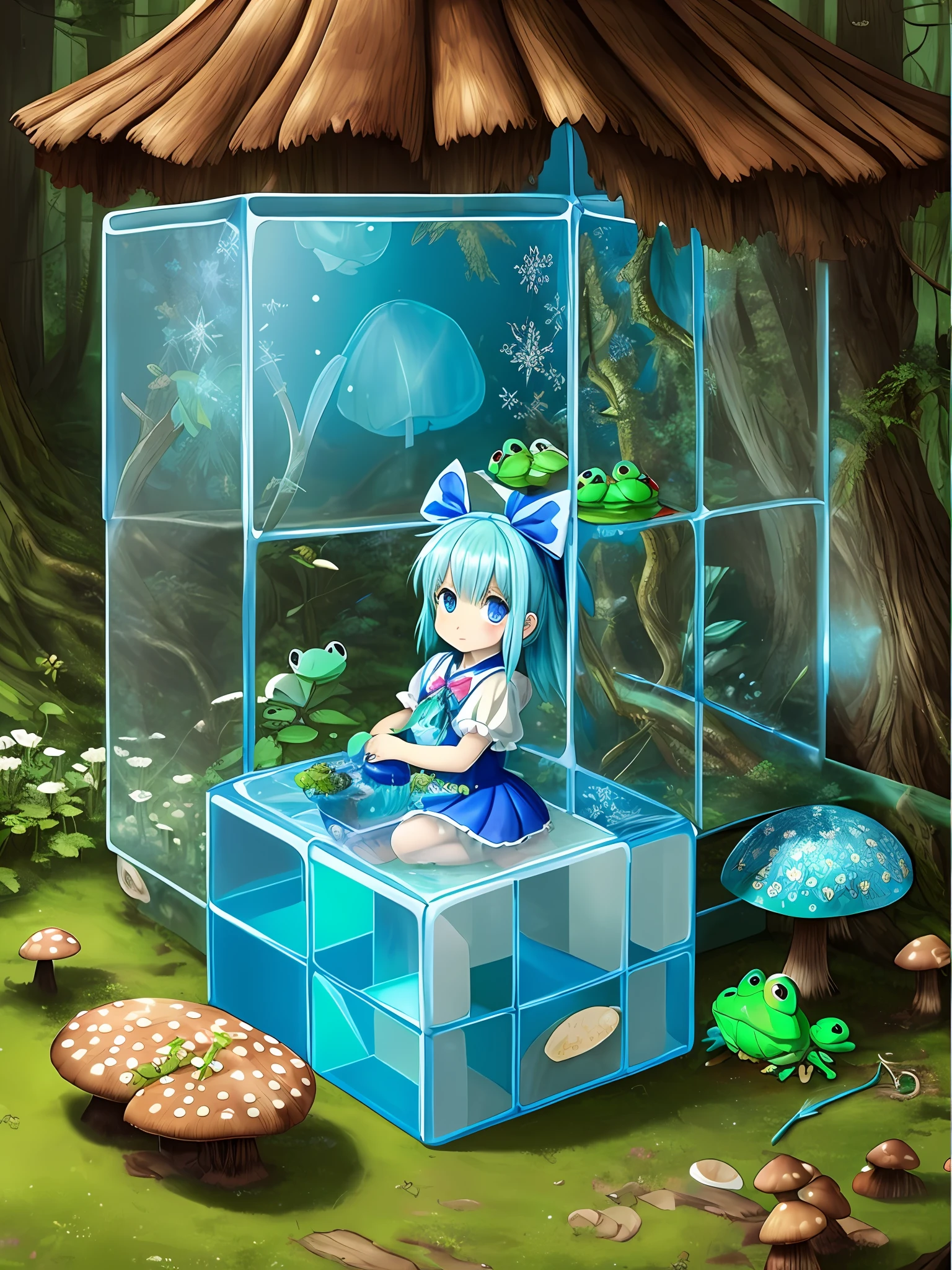 1girl, cirno, crystal wings, blue hair, blue eyes, puffy short sleeves, ((Cirno with frog frozen in a cube)), masterpiece in the style of (Rembrandt:1.1), (Caravaggio:1.1), cirno sits at a table with a frog frozen in a cube, (blue bow), Jade Stern, (masterpiece), ((illustration)) ((best quality)), (ultra-detailed), ((offical art)), decaying, mushroom clothes, consumed by flora, consumed by mushrooms, covered in mushrooms, covered in flora, pixe in a magical forest and human frozen in a cub, mooshrooms, lush john 8k woods, covered in flora, (Touhou Project:1.1), anime