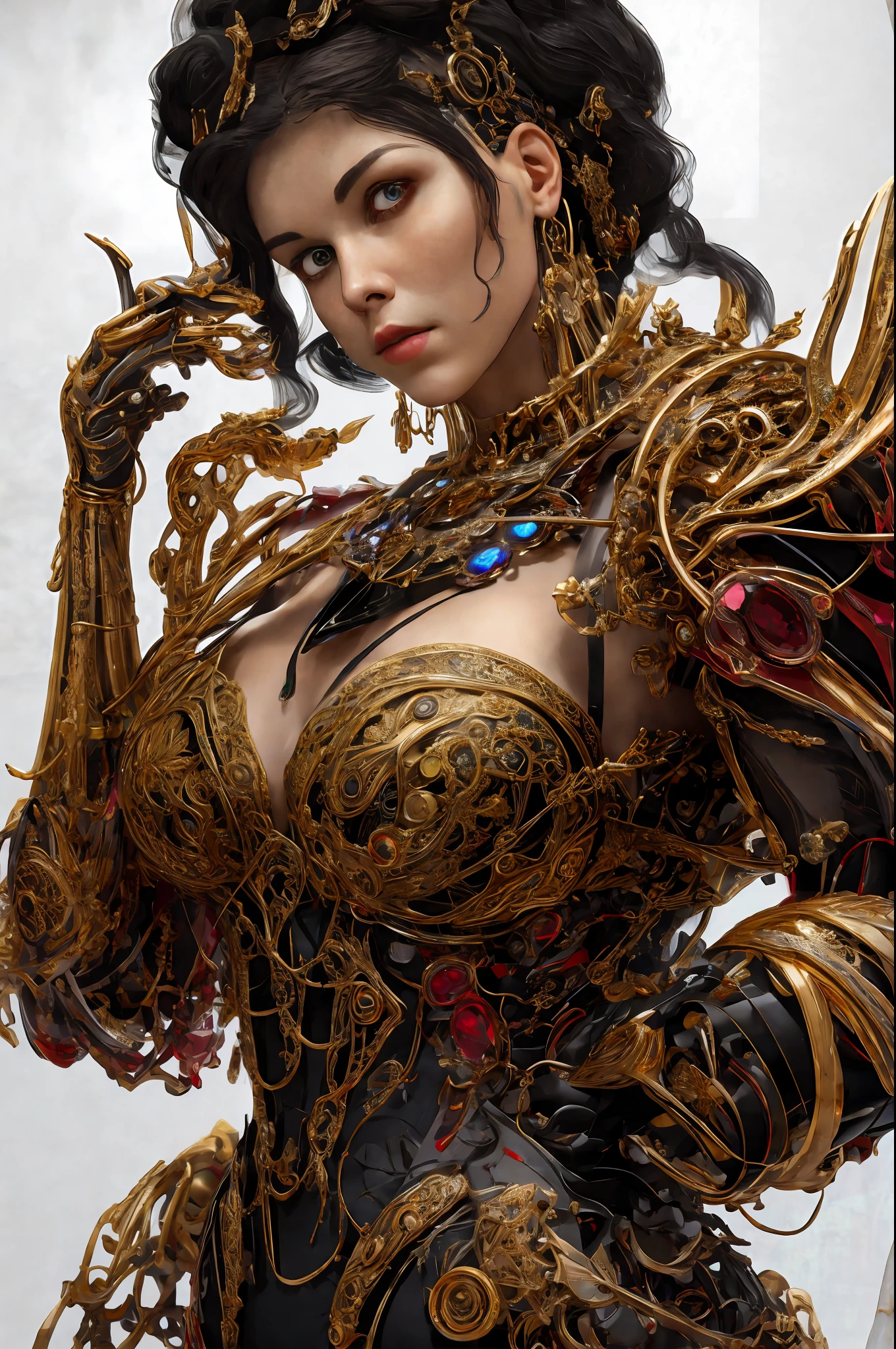The stunning death angel’s intricate body poses are accentuated by a biomechanical cyborg aesthetic captured with an analog 150mm lens, cleavage, enhanced by a soft natural rim light and neon(((gold, silver, ruby, bronze))) veins. The roots and fine foliage lace adds to the beautiful detail, complementing the colorful intricacies of the Boris Bidjan Saberi outfit, pearl earrings, and art nouveau fashion embroidery. Mesh wires and mandelbrot fractals intertwine with facial muscles, cable wires, and microchips, creating a badass hyper-realistic visual. The ultra-detailed render is brought to life with volumetric lighting and an 8k post-production, showcasing the red and white hues with a touch of black. Detailed metallic bones and iridescent colors add a Glenn Brown-style to the semi-human appearance, set in a futuristic room, embodying the power of the gods with a high-angle shot. The complex 3D render is ultra-detailed, making it a masterpiece in its own right. (background of (ruby and emerald and sapphire) veins)