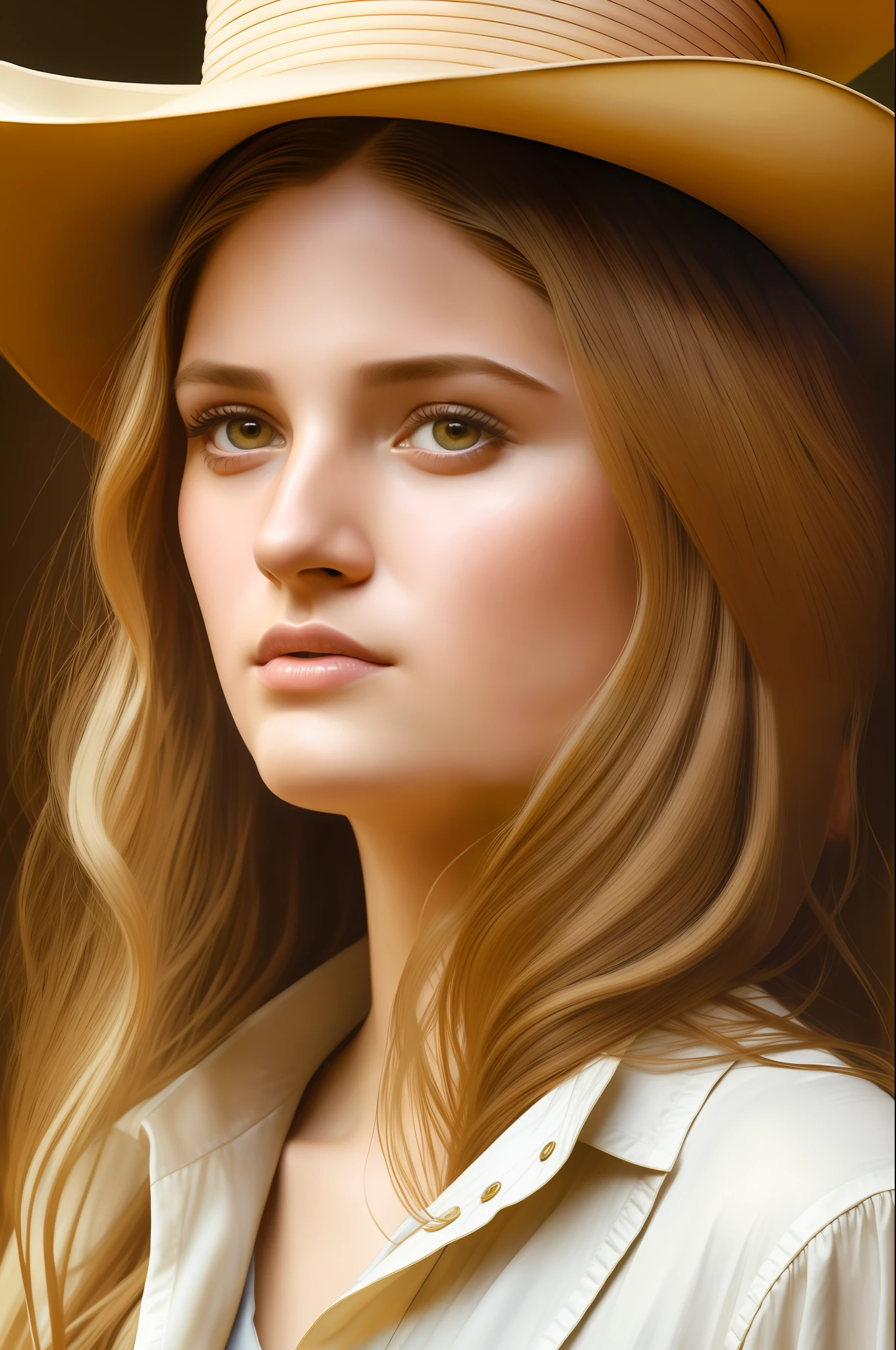 Hyperrealist portrait of female by david hockney and alphonse mucha,fantasy art, photo realistic, dynamic lighting, artstation, poster, volumetric lighting, very detailed faces, 4 k, award winning,, 1girl, in the dark, deep shadow, low key,cowboy shot,(official clothing:1.4) ,long hair,white hair,