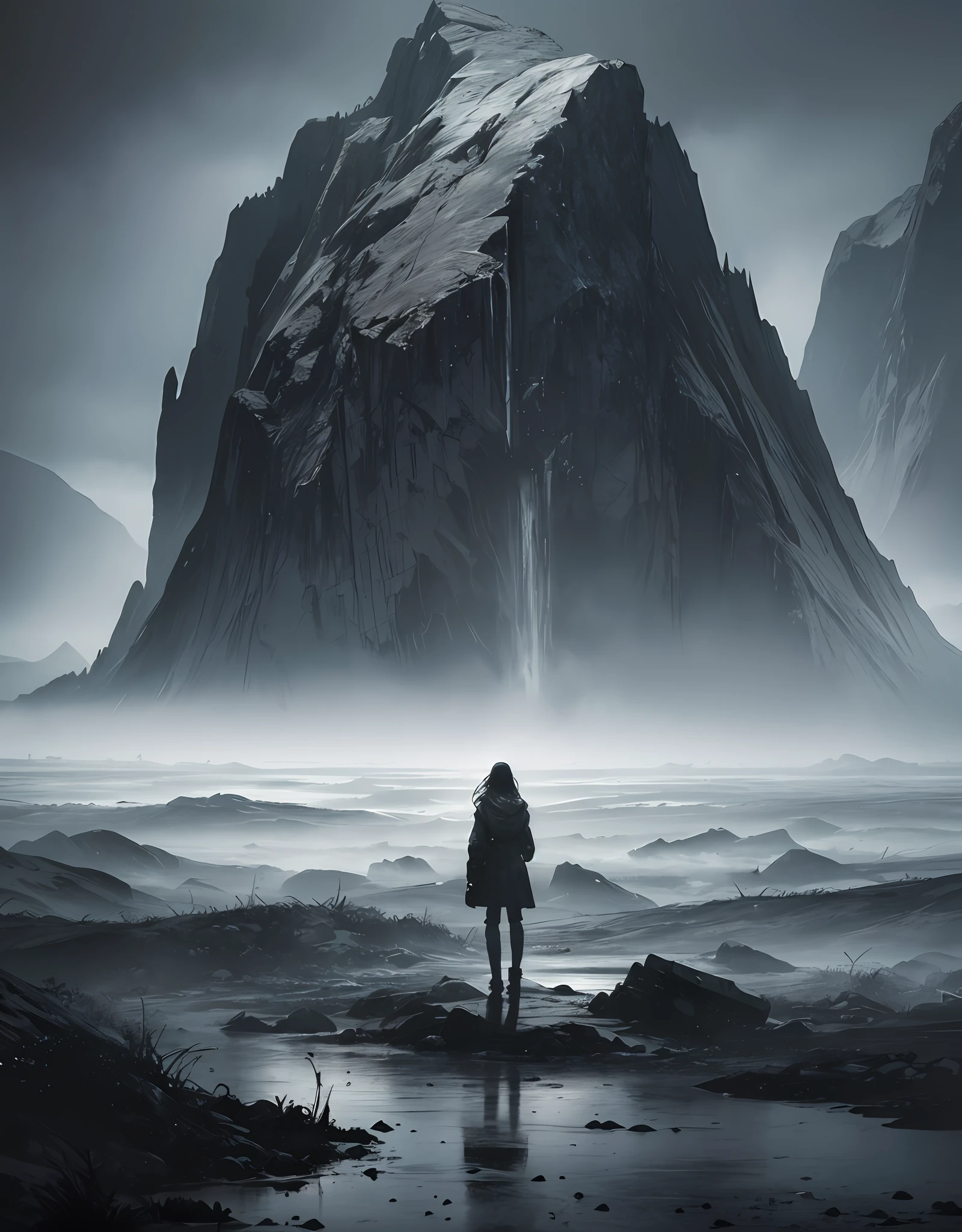 16K, HDR, RTX, ray tracing, anisotropic filtering, subsurface scattering, albedo, best quality, masterpiece, realistic, highly detailed, dark vast open landscape, 1girl , solo, ((closeup)), beautiful, jacket, long hair, post apocalyptic world, grey clouds, no grass, hideo kojima style, gloomy atmosphere, windy, foggy, mysterious, main palette is grey, tense, serious, dangerous, horizon, mountains, rain, wet