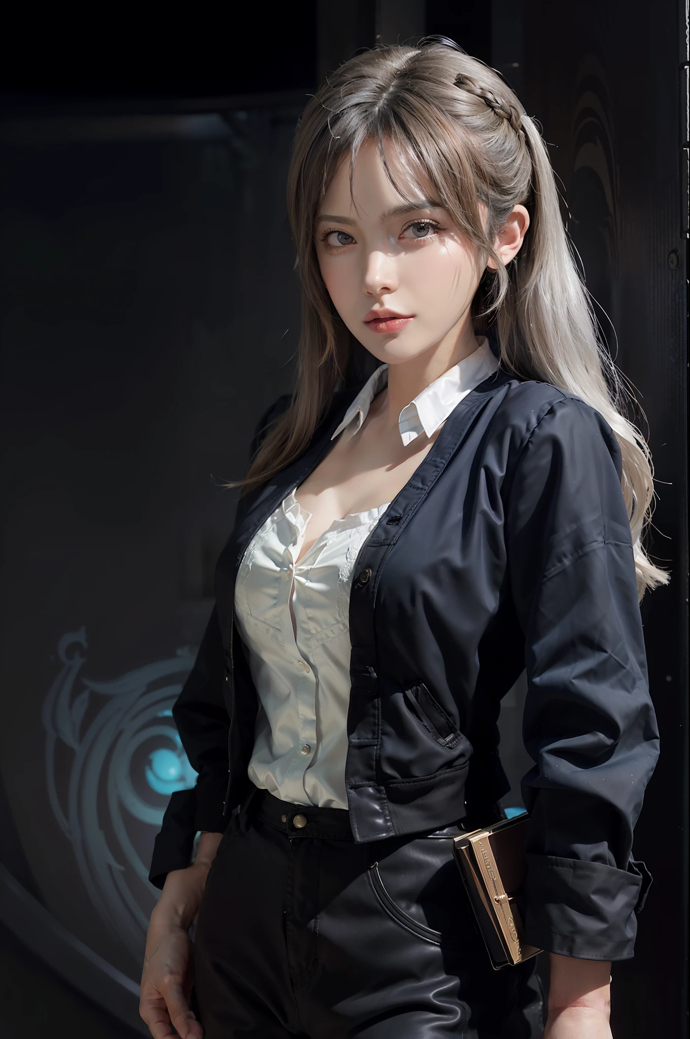 Hyperrealist portrait of female by david hockney and alphonse mucha,fantasy art, photo realistic, dynamic lighting, artstation, poster, volumetric lighting, very detailed faces, 4 k, award winning,, 1girl, in the dark, deep shadow, low key,cowboy shot,(official clothing:1.4) ,long hair,white hair,