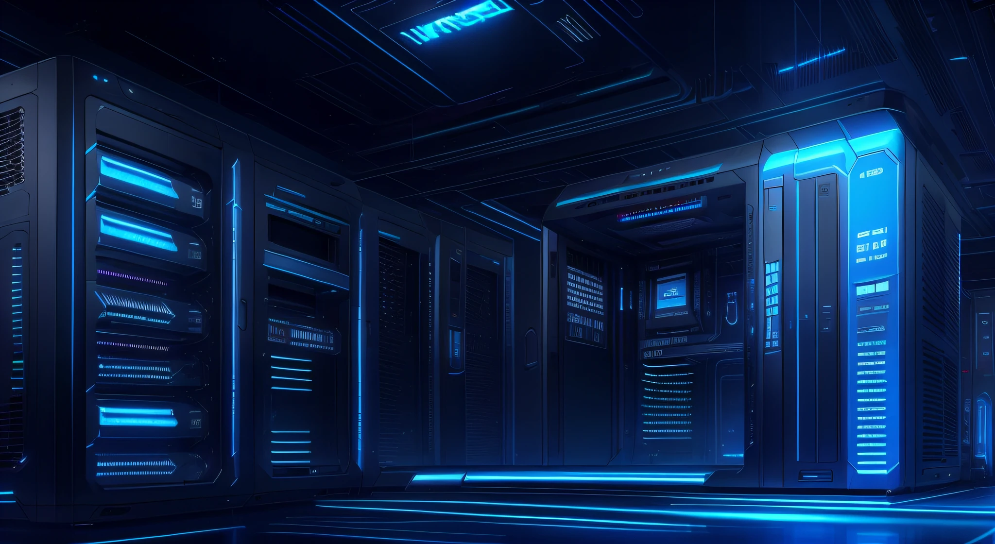 Hosting server, data center, blue light LEDs, estilo cyberpunk, hige definition 8k,