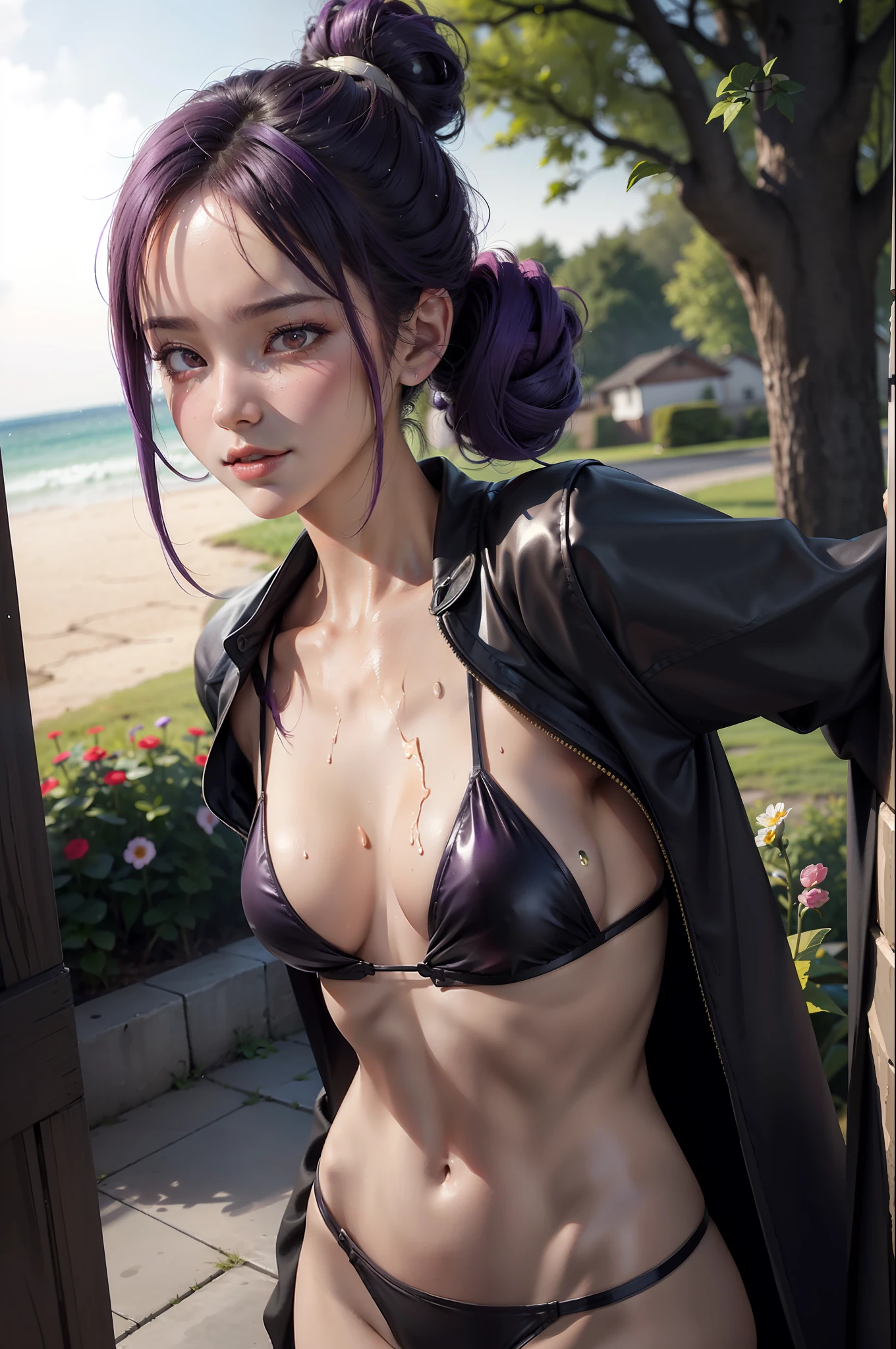 (Best Quality: 1.1), (Masterpiece: 1.2), Portrait,
1 Girl, yuzuriha_, Purple hair, Brown eyes, Ninja, Open clothing, Cleavage, Small tits, Top knots, Mid hair, Detached breasts, White band, Grinning, Outdoors, (blush:1.1), Flowers,
Pure_Innocent_girl, pureerosface_v1, ((torso))), subjective, (((depth of field)))), pale and shiny skin, sweaty, wet skin