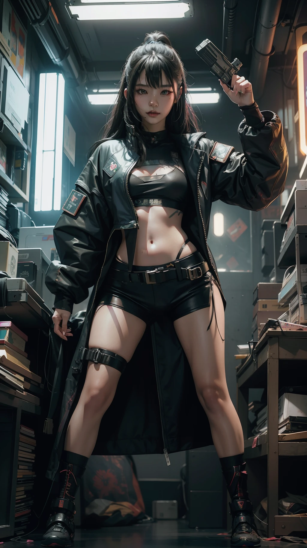 Beautiful hyperrealistic photograph of cute asian cyberpunk girl, wearing cyberpunk clothes, cluttered Blade Runner apartment, dynamic pose, concept art, By Brian Froud and Carne Griffiths and Wadim Kashin and John William Waterhouse, intricate detail, 8k post-production, High resolution, super Detail, trending on ArtStation, sharp focus, studio photos, intricate detail