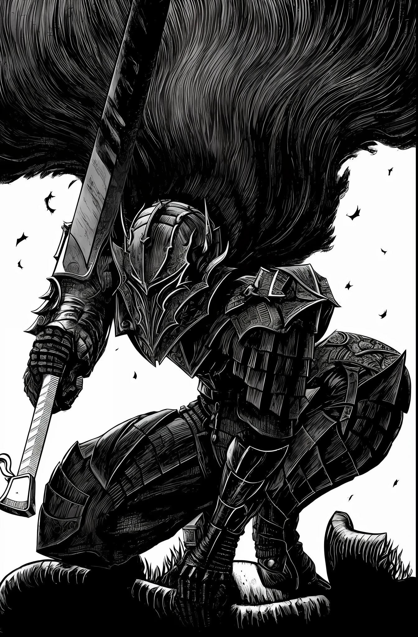 Um desenho preto e branco de um homem com uma espada enorme, estilo de arte Berserk, Berserk Black Armor, Berserk Guts, Berserk Manga, Guts From Berserk, Berserk Style, From Berserk, Portrait of Guts From Berserk, Guts Berserk, In Berserk Manga, Dark Souls Art Style, Berserk, Dark Souls Knight --auto --s2