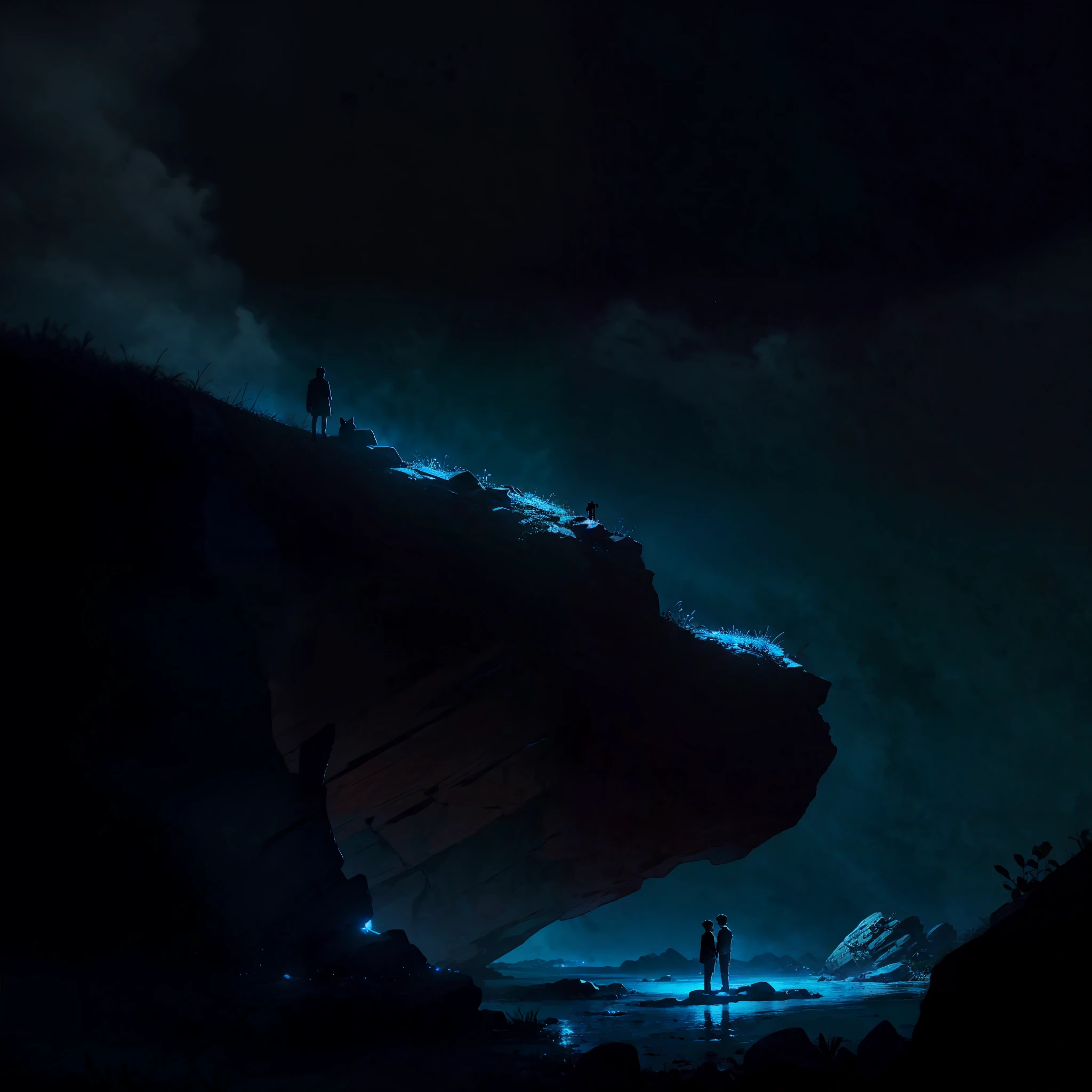 boy and his dog, standing on an ancient rock, perfect body, dark cinematic, beautiful face ,night, dark night, blue moon, ultra high quality, fireflies, magical, mysterious, full blue moon, photo realistic, silhouette, ultra hd, fireflies in the background, no lights