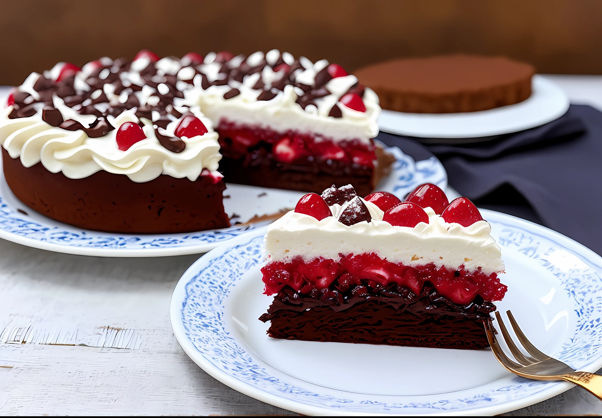 advertisement.there is a piece of cake on a plate with a fork, black forest, profile close-up view, cake, dessert, closeup - view, by Emma Andijewska, 🎀 🗡 🍓 🧚, close-up view, close - up view, jaw dropping, view from the side, competition winning, recipe, 🚿🗝📝