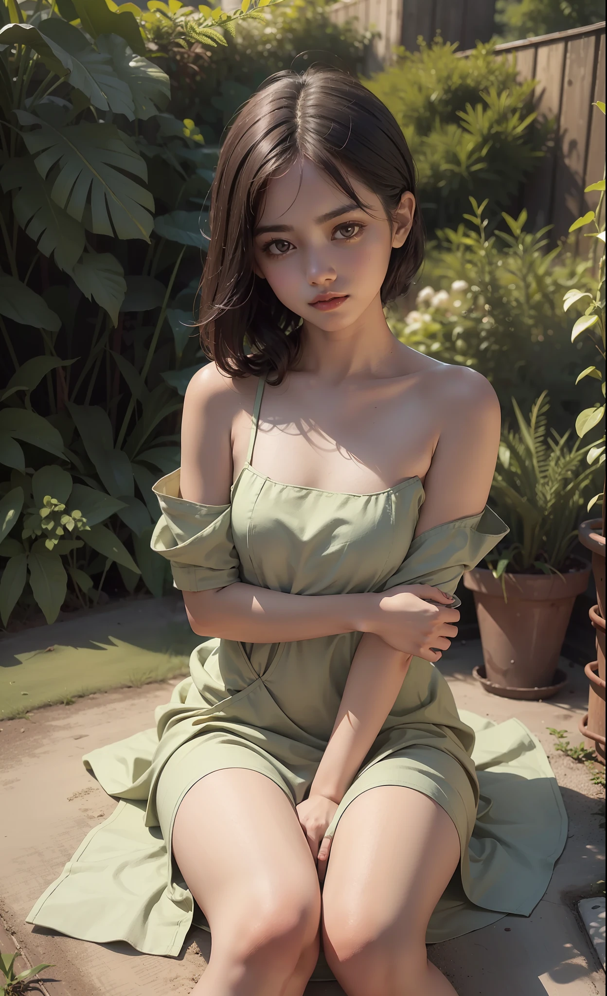 Ground view, concept art, small chest, hips, look at viewer, on ground, sitting like dog, doggy position , shy blush face, sexual expression, 1 Indian girl, wearing long small dress, bare shoulder, unconcerned, NSFW, quality, in the garden, contrast, dark, little chubby,