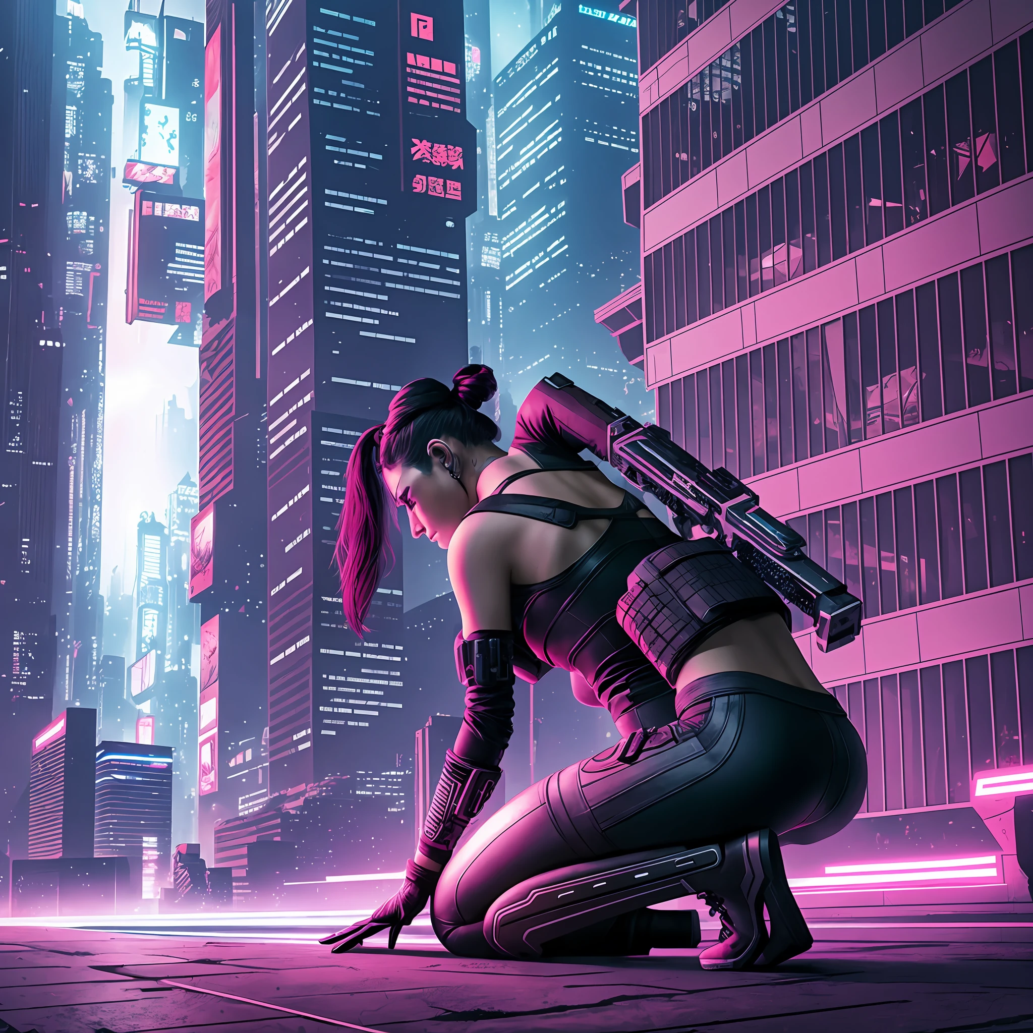 Cyberpunk woman kneeling on the ground, from behind,