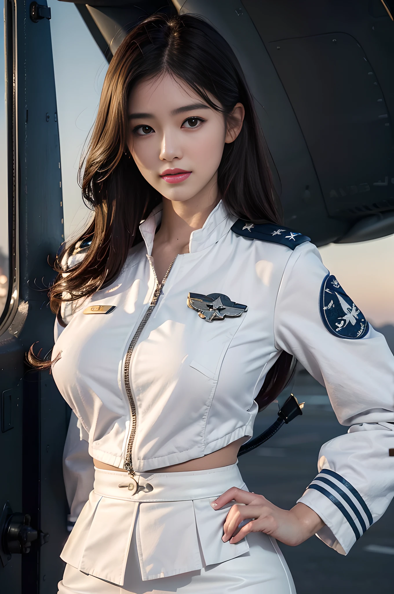 (Best quality, 8k, 32k, Masterpiece, UHD:1.2), (realistic:1.5), (masterpiece, Extremely detailed CG unity 8k wallpaper, best quality, highres:1.2), (ultra detailed, UHD:1.2), Photo of extremely cute and beautiful Japanese woman, (chestnut long wavy hair:1.2), adult, (detailed beautiful girl:1.4), best quality, woman, adult, (detailed US air-force pilot uniform:1.5), (white pilot captain jacket:1.3), (white high-waist pencil skirt:1.3), detailed clothes, (Beautiful sunset US air force base runway view background:1.3), embarrassed laughing:1, light smile, looking at viewer, facing the viewer, ((perfect female body)), (narrow waist:1.2), (upper body image:1.3), slender, abs, (large breasted:1.25), ((frame the head)), wind, dynamic pose, cinematic light, back light, perfect anatomy, perfect proportion, detailed human body, stylish model pose,