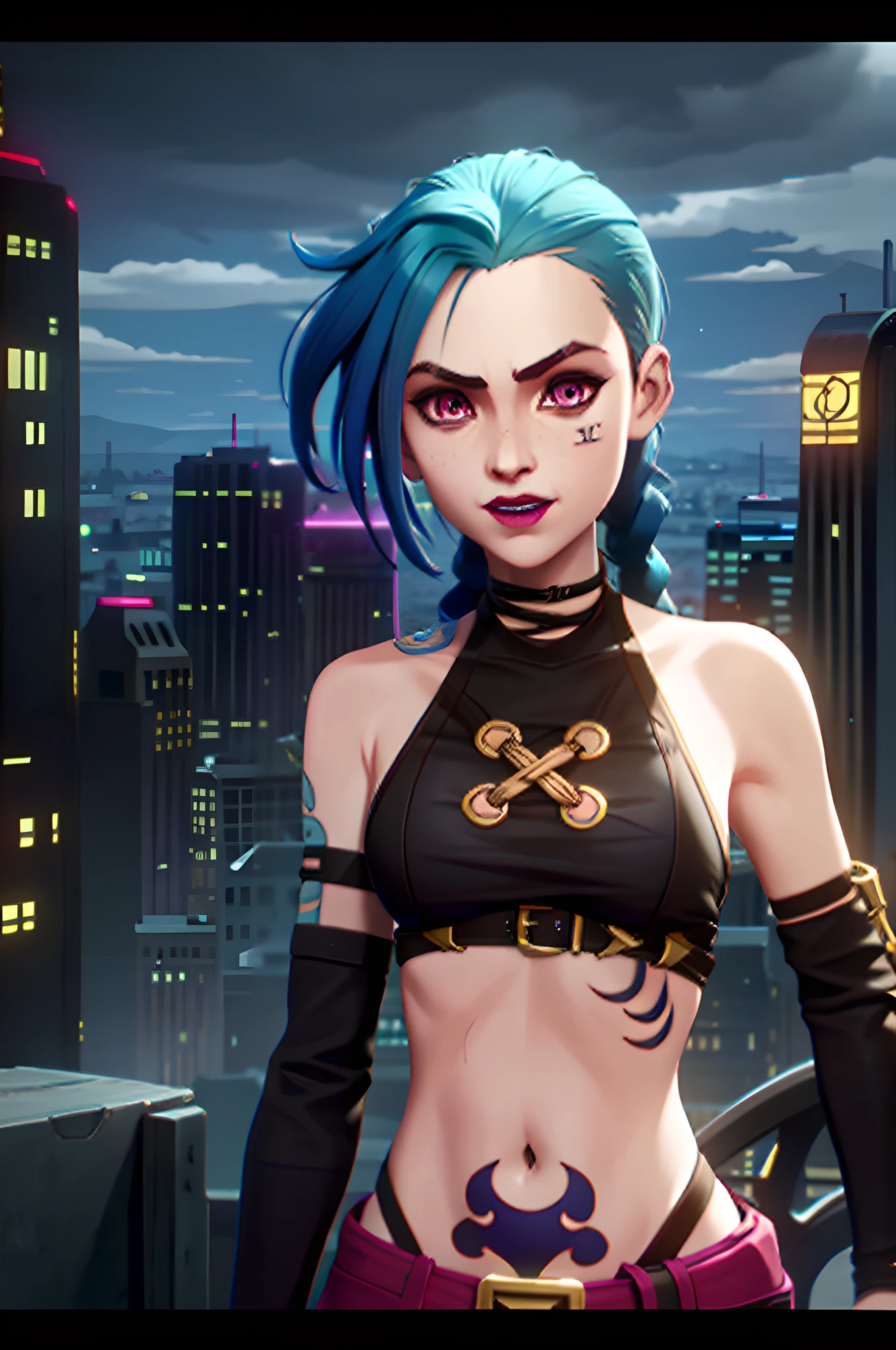 arcane style,

1girl, arm tattoo, asymmetrical bangs, bangs, blue hair, braid, brown shirt, cloud tattoo, looking at viewer, laughing, crazy, uncontrollable laugh, mad look, night, city, green hair, long hair, midriff, pink eyes, red lips, shirt, solo, standing, tattoo, twin braids, upper body, arcane jinx, jinx \(league of legends\)