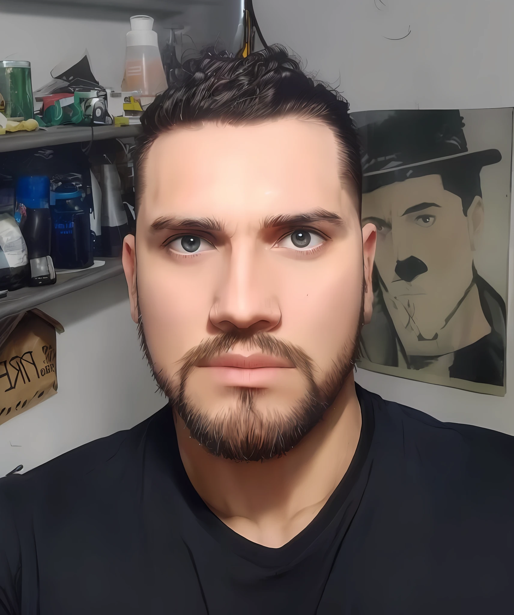 There's a man with a beard and black shirt, with a small beard and futuristic cyberpunk background