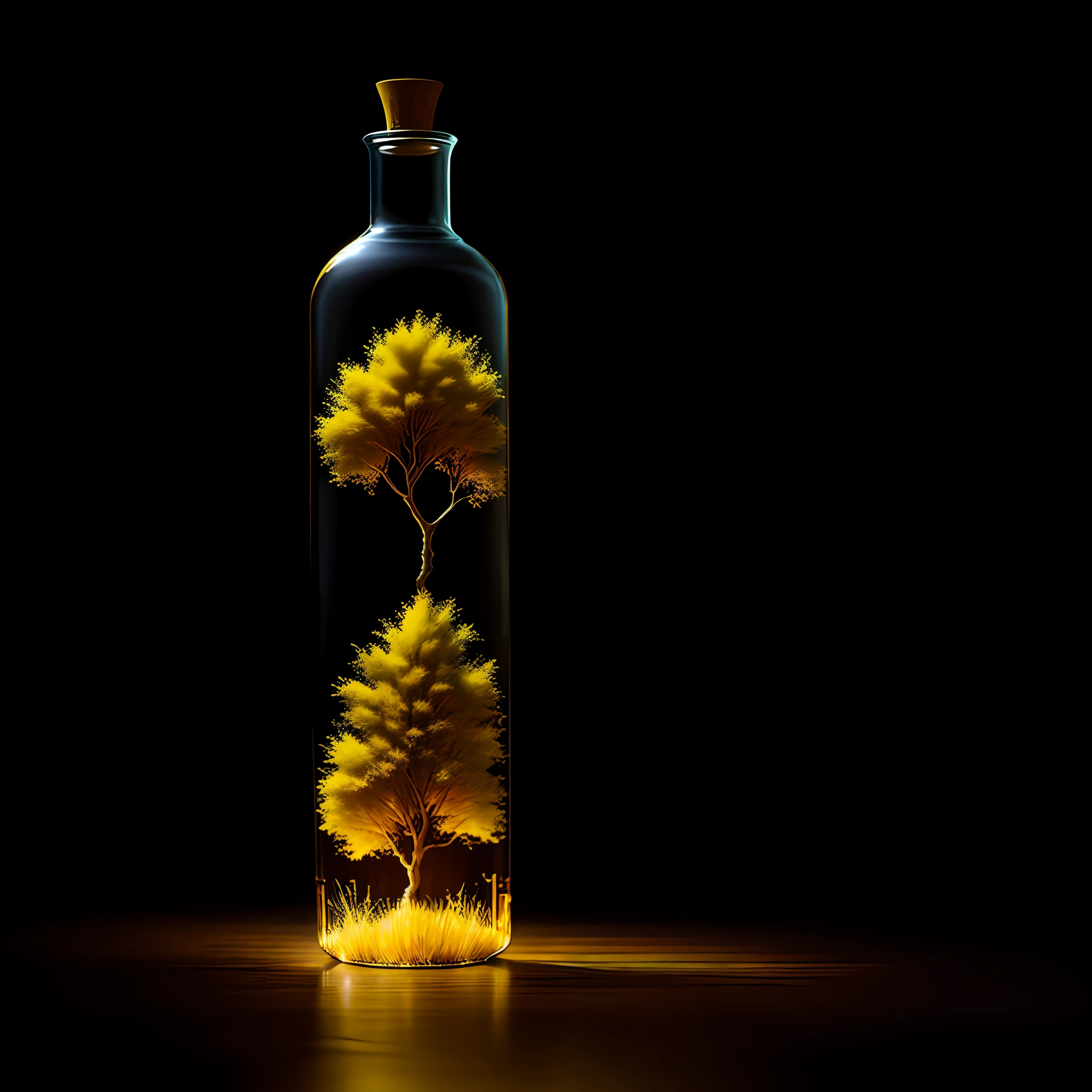 yellow ipe tree in a bottle, fluffy, realistic, atmospheric light refraction, by lee jeffries nikon d850 film photography 4 camera kodak portra 400 lens f1.6 rich colors realistic texture hyper realistic lighting dramatic engine unreal trend in artstation cinestill 800, Style-Glass