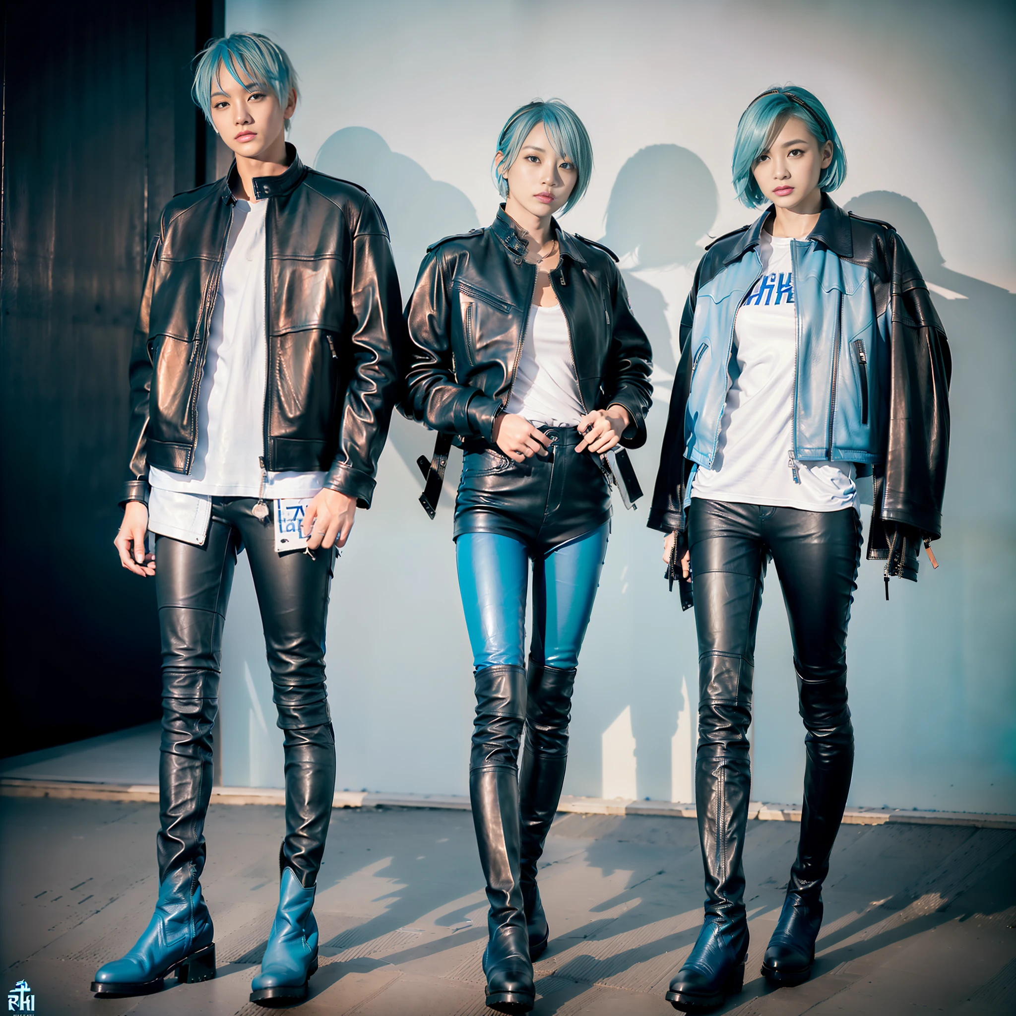 (((Masterpiece)))), (((Highest Quality)))), ((Real)), ((8K)), (Japan Female), 18 years old, Boyish, ((((Tall Teach)))), ((Big))))), Looking at the camera, ((Full body)), (All Light Blue)))), (Light Blue Hair))), (Short Cut), ((Riders Jacket)), (((Leather Pants)), (((Leather Boots))
