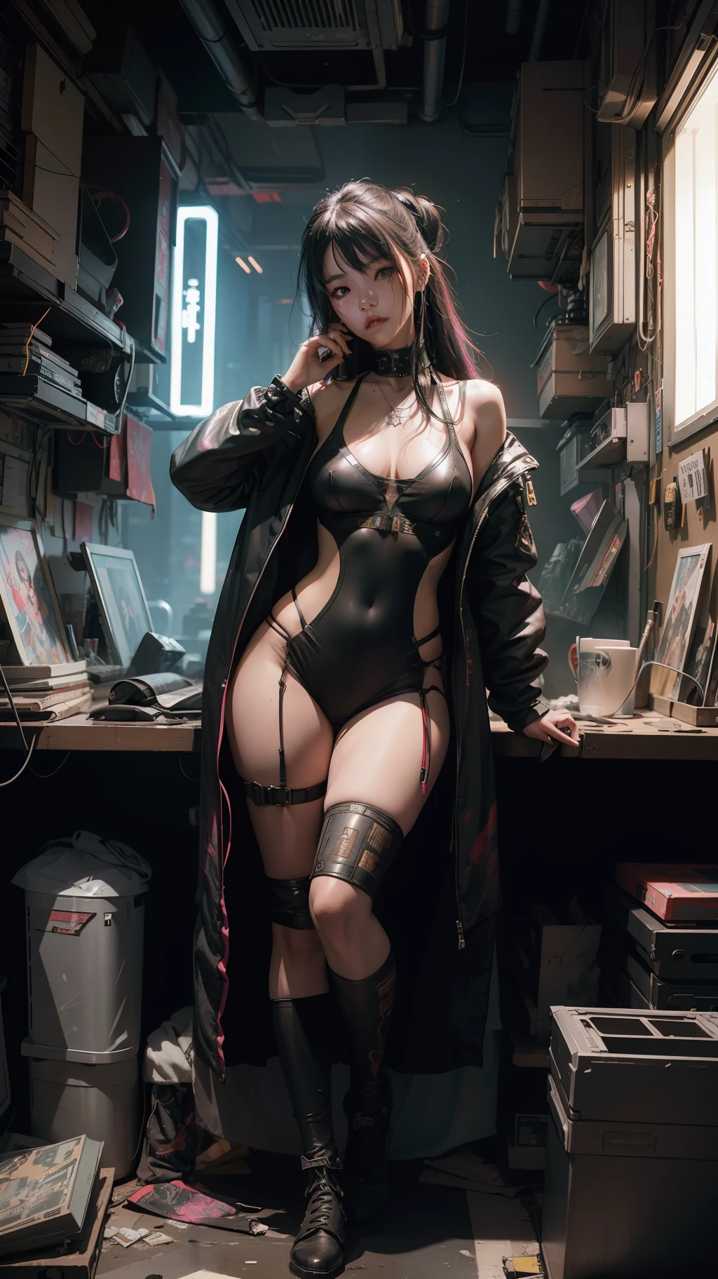 Beautiful hyperrealistic photograph of cute asian cyberpunk girl, wearing cyberpunk clothes, cluttered Blade Runner apartment, dynamic pose, concept art, By Brian Froud and Carne Griffiths and Wadim Kashin and John William Waterhouse, intricate detail, 8k post-production, High resolution, super Detail, trending on ArtStation, sharp focus, studio photos, intricate detail