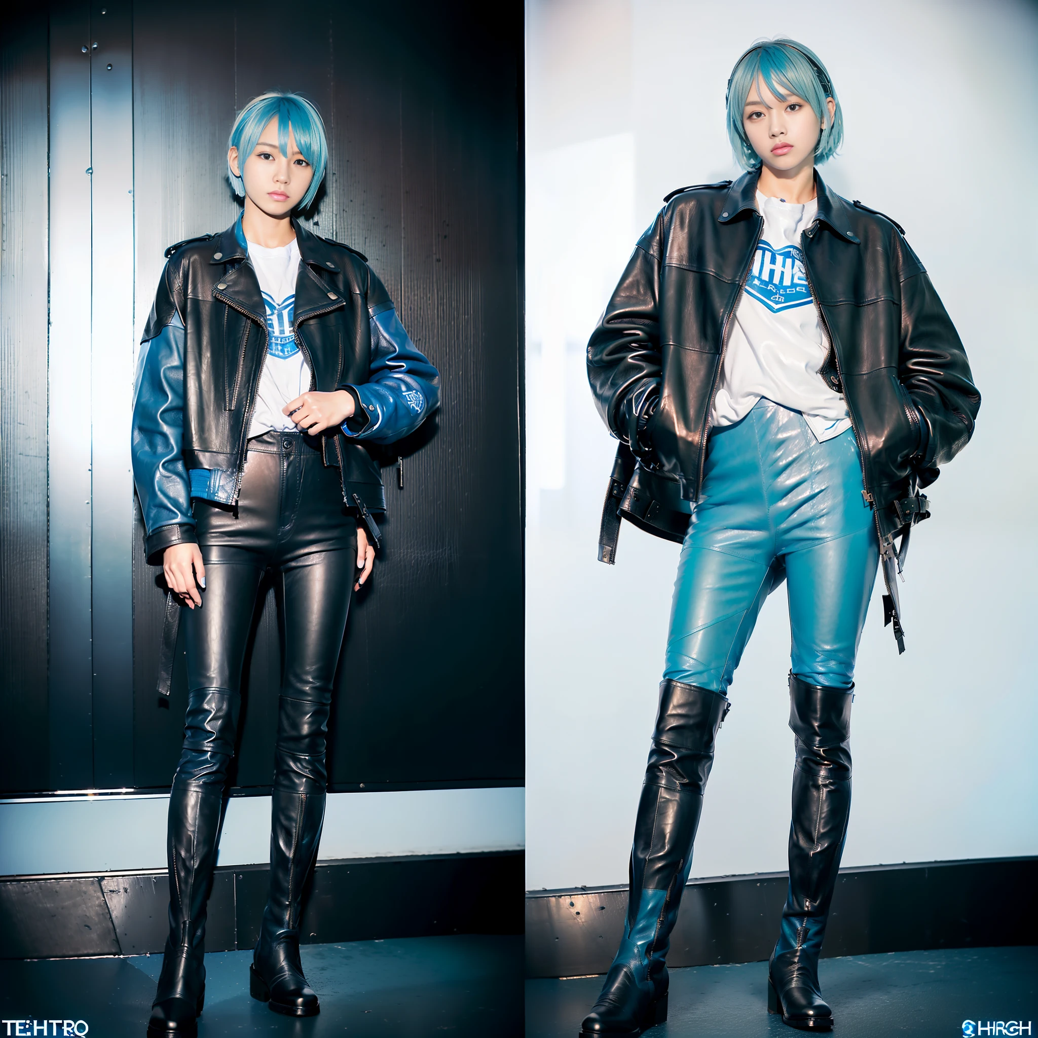(((Masterpiece)))), (((Highest Quality)))), ((Real)), ((8K)), (Japan Female), 18 years old, Boyish, ((((Tall Teach)))), ((Big))))), Looking at the camera, ((Full body)), (All Light Blue)))), (Light Blue Hair))), (Short Cut), ((Riders Jacket)), (((Leather Pants)), (((Leather Boots))