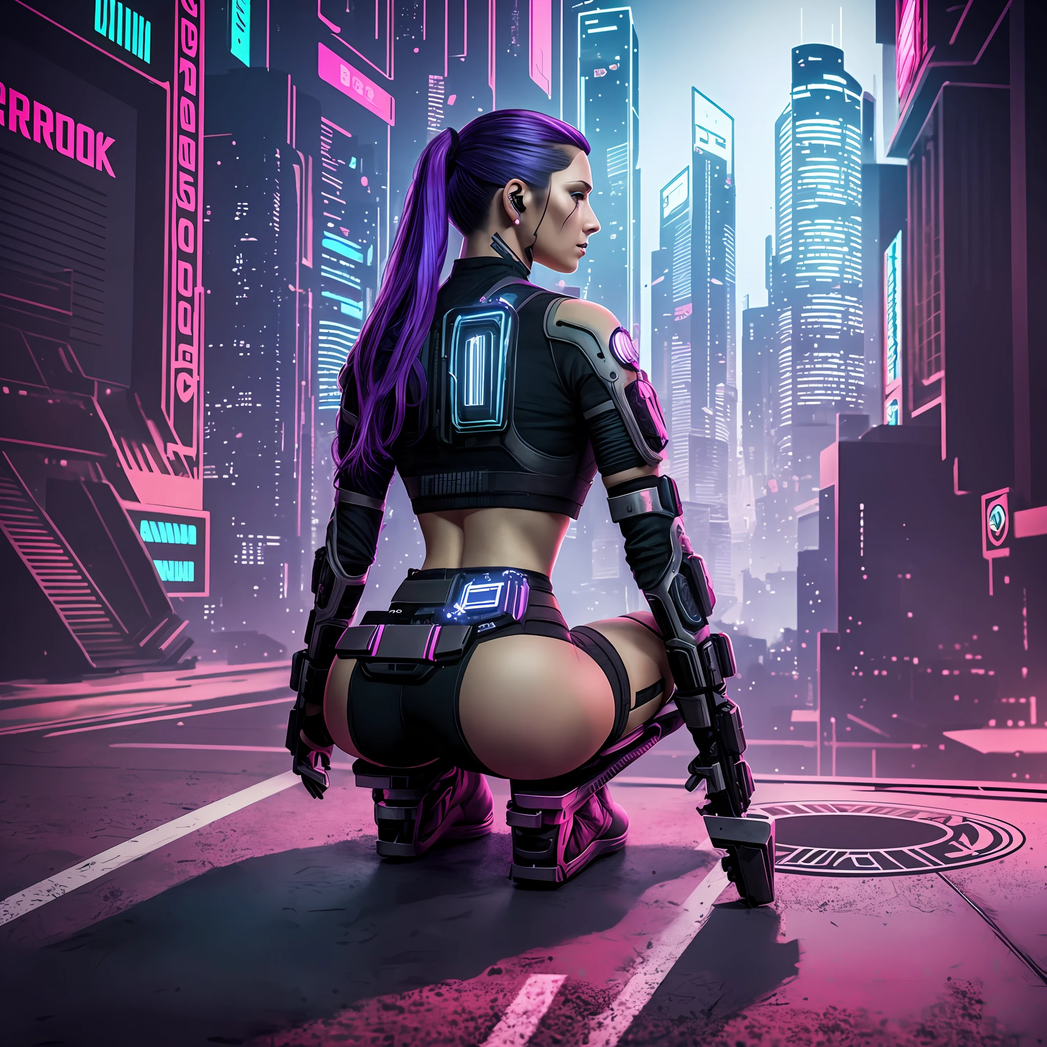 Cyberpunk woman kneeling on the ground, from behind,