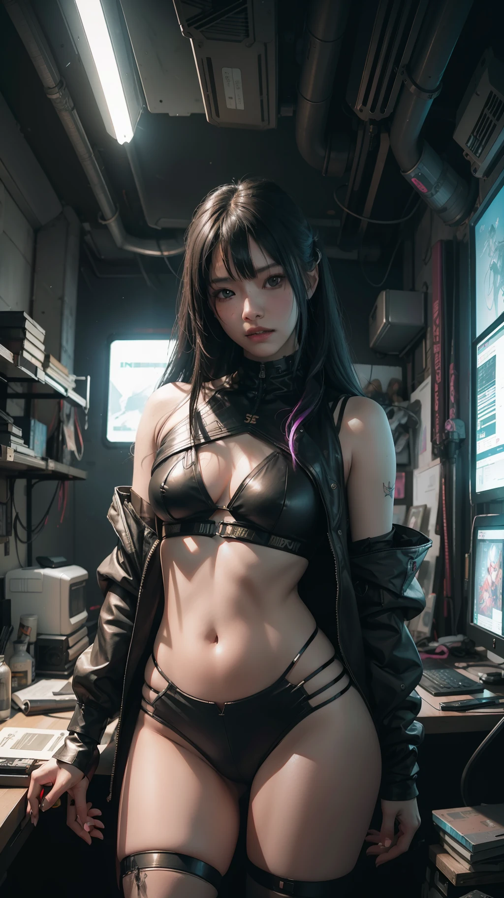 Beautiful hyperrealistic photograph of cute asian cyberpunk girl, wearing cyberpunk clothes, cluttered Blade Runner apartment, dynamic pose, concept art, By Brian Froud and Carne Griffiths and Wadim Kashin and John William Waterhouse, intricate detail, 8k post-production, High resolution, super Detail, trending on ArtStation, sharp focus, studio photos, intricate detail