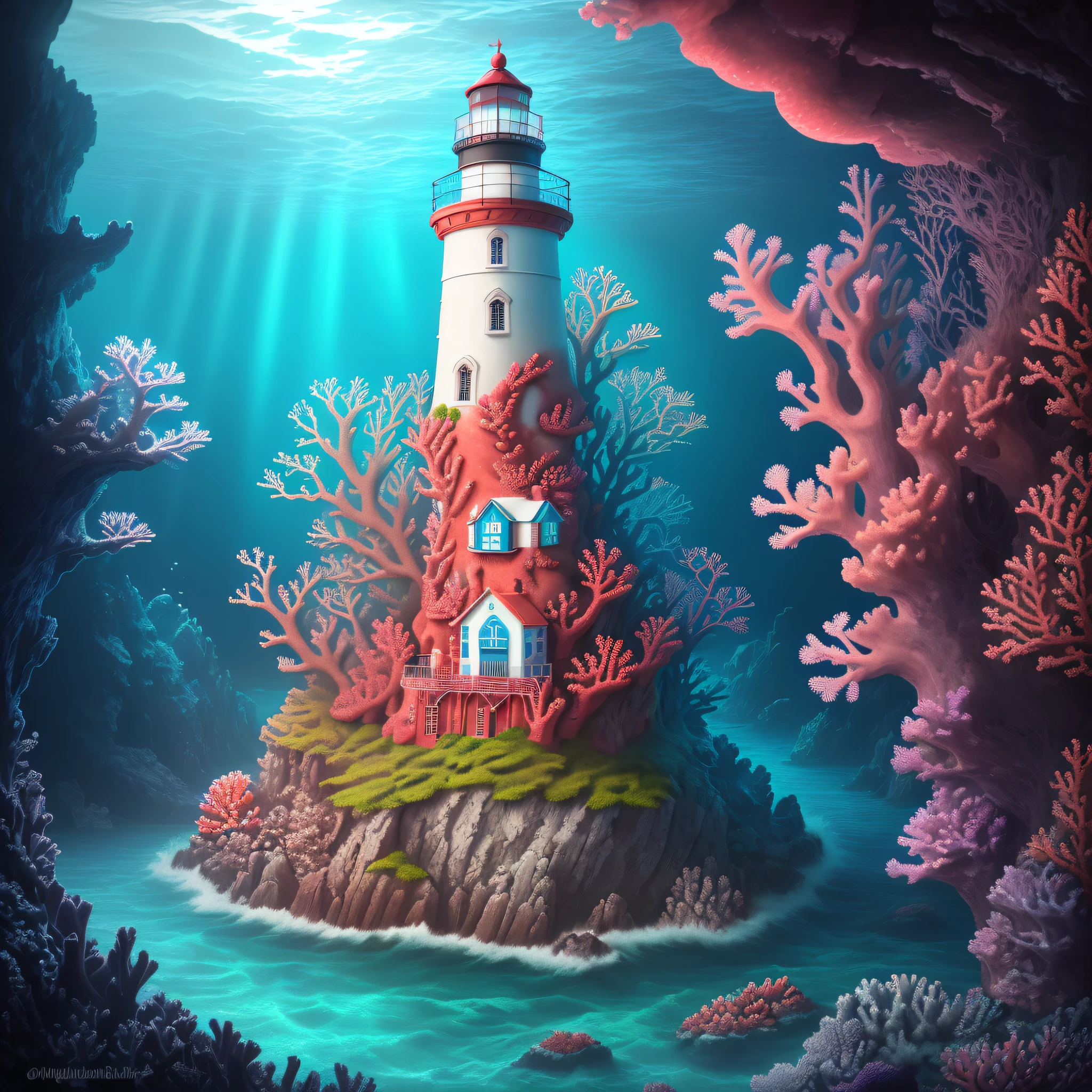 Ultra-Detailed, Digital Art
Coastal, (underwater:1.2), colourful,
Lighthouse, (old:1.2), (made of rock:1.2), (multi colour coral reef:1.2), (sea life:1.1),
Giant octopus hugging lighthouse, (cute:1.2),