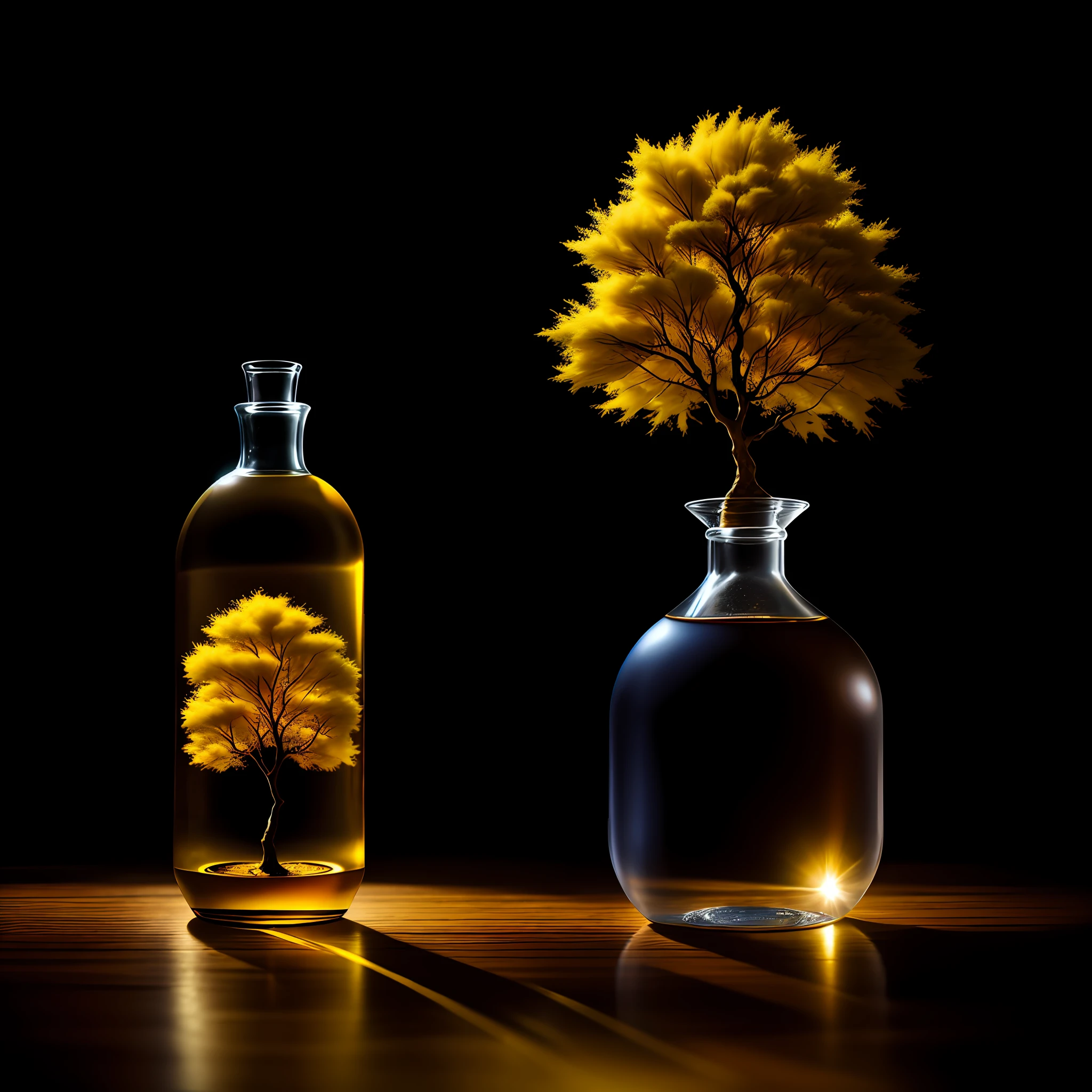 yellow ipe tree in a bottle, fluffy, realistic, atmospheric light refraction, by lee jeffries nikon d850 film photography 4 camera kodak portra 400 lens f1.6 rich colors realistic texture hyper realistic lighting dramatic engine unreal trend in artstation cinestill 800, Style-Glass