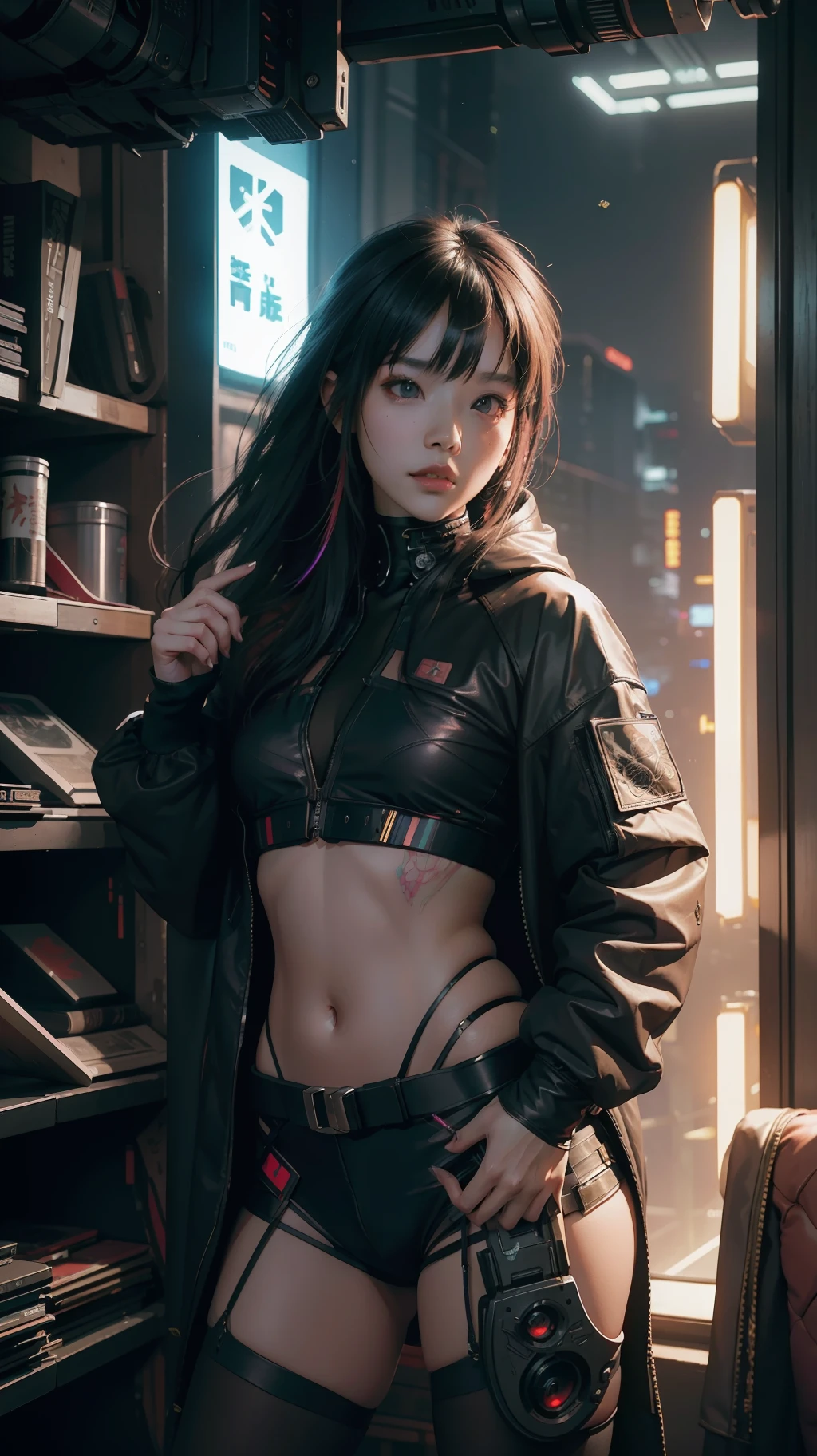 Beautiful hyperrealistic photograph of cute asian cyberpunk girl, wearing cyberpunk clothes, cluttered Blade Runner apartment, dynamic pose, concept art, By Brian Froud and Carne Griffiths and Wadim Kashin and John William Waterhouse, intricate detail, 8k post-production, High resolution, super Detail, trending on ArtStation, sharp focus, studio photos, intricate detail