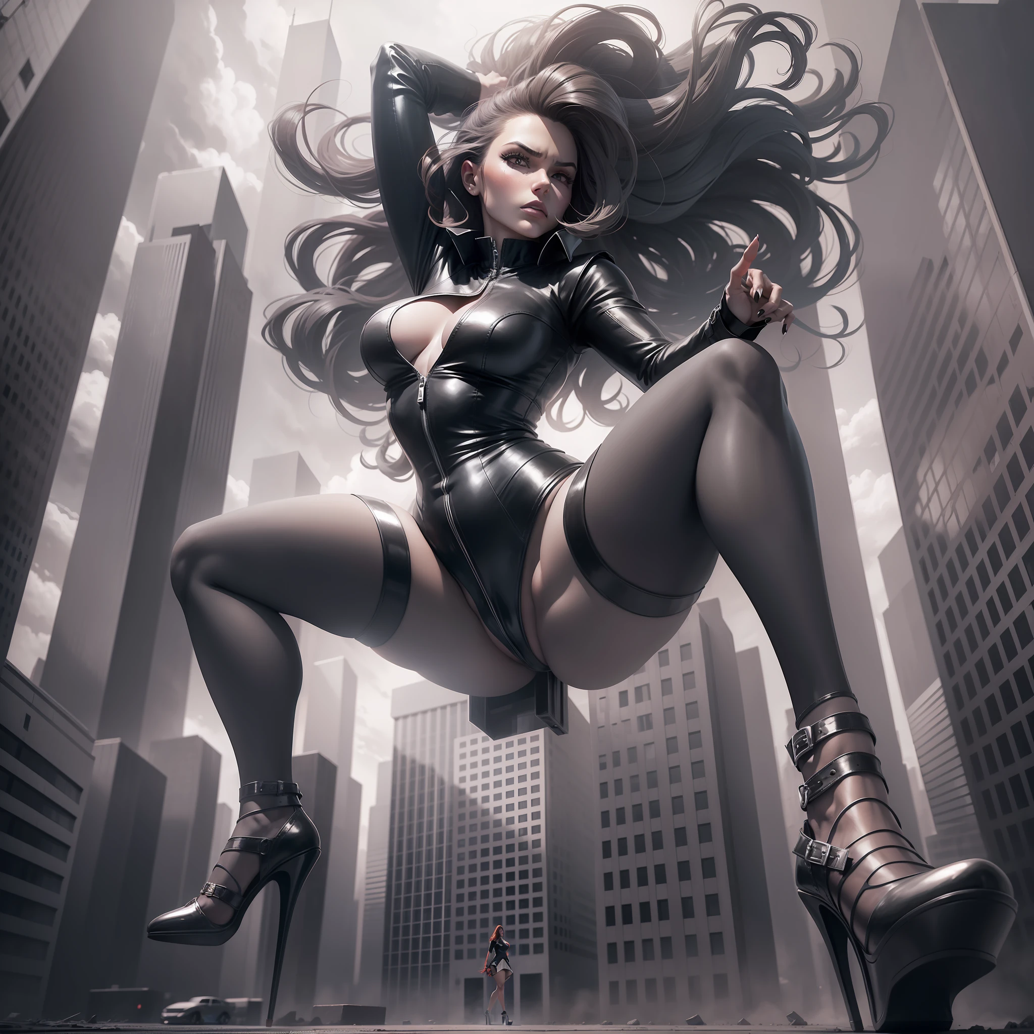 (Giantess Woman: 1.2, High Heels: 1.1) Stretched figure, dying city, local panic, red filter