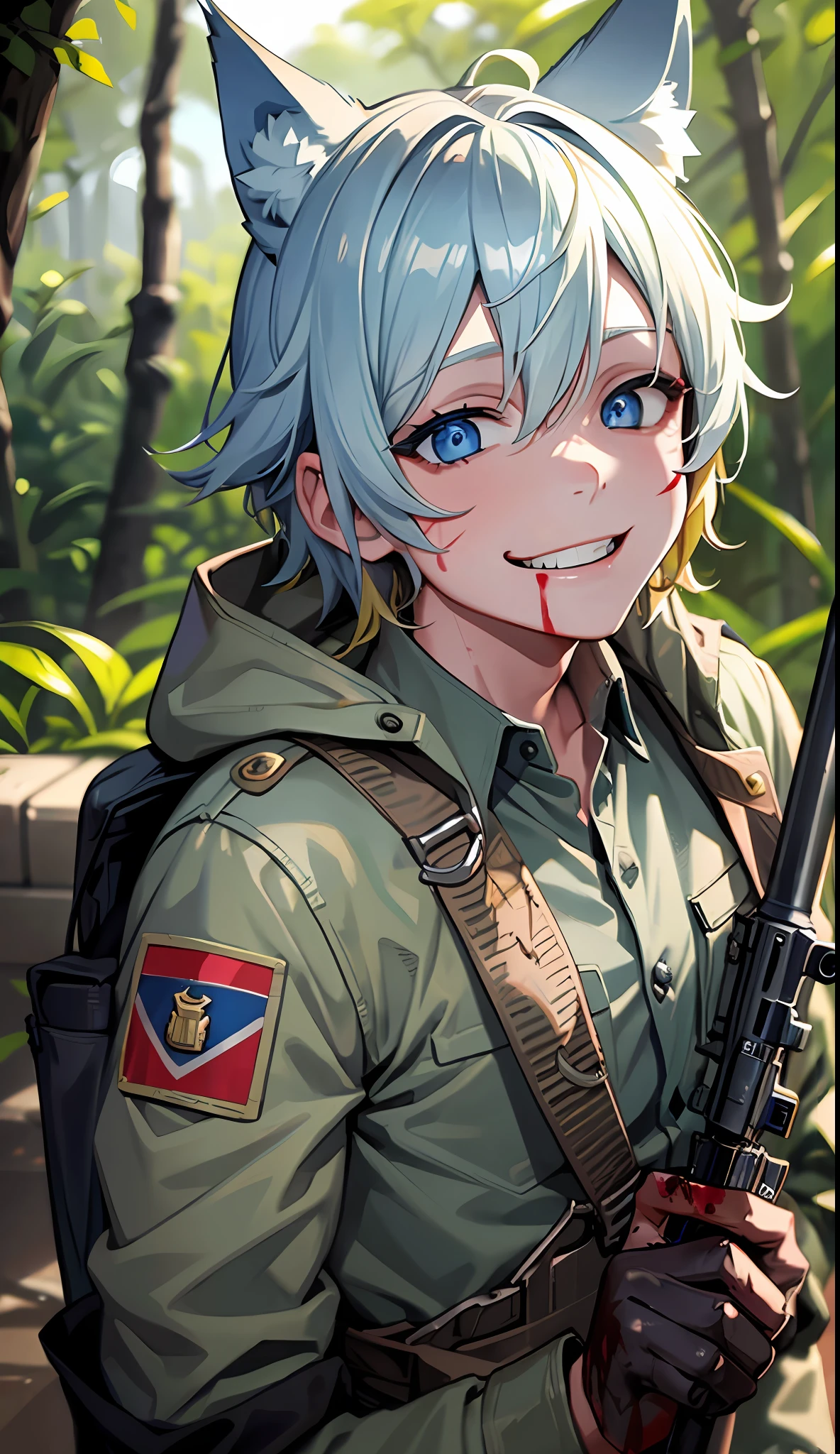 1boy, short blonde hair, blue eyes, wolf ears, us soldier uniform, jungle setting, dirt on face, us soldier helmet, born to kill, war, sunglasses, scars, blood, cigarette in mouth, grin