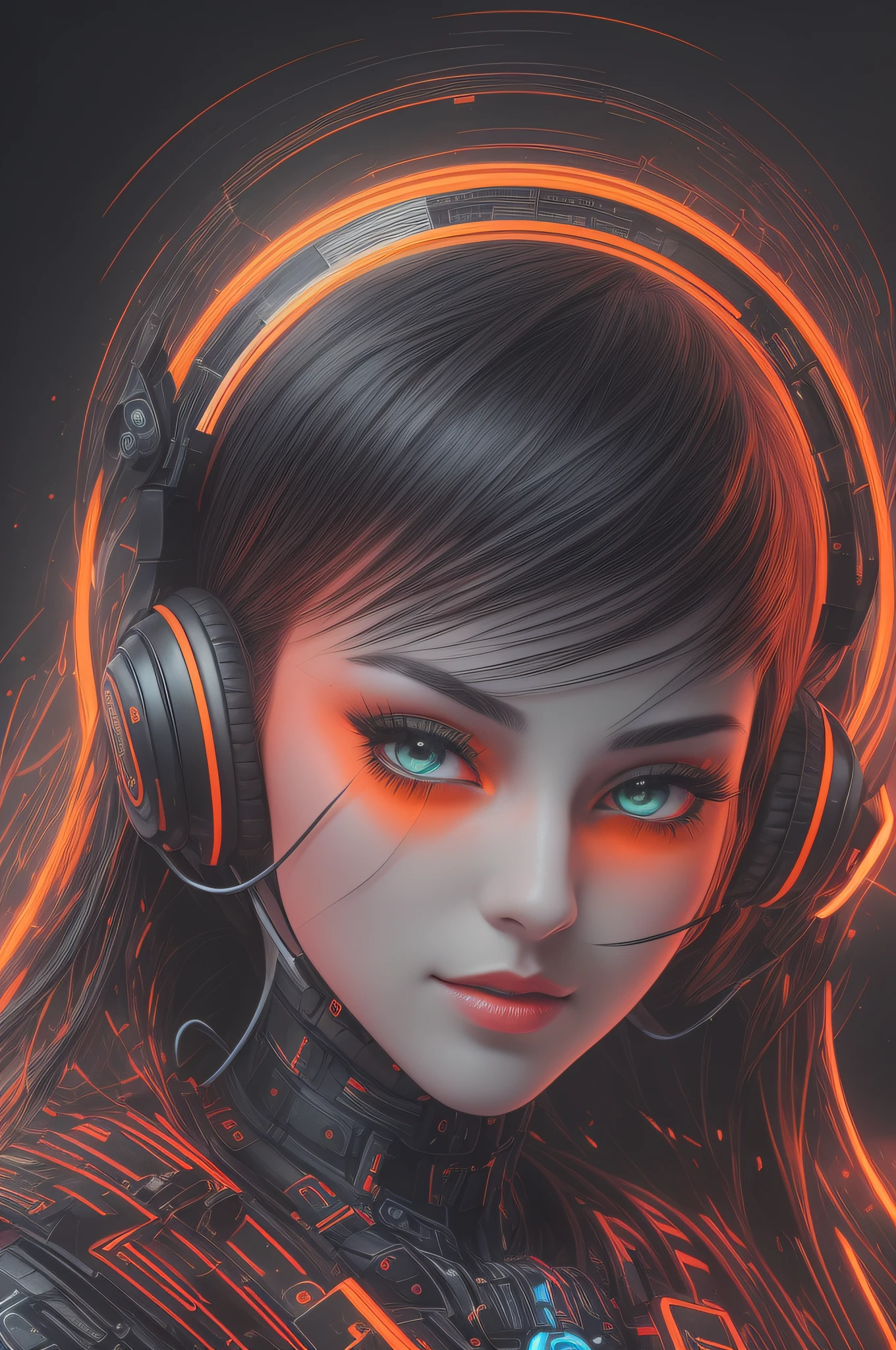 (best quality), ultra detailed wallpaper for mobile app, (black background with orange details), with stunning images in (high resolution), through a (vibrant color chart), which creates a (stunning look), with a woman's face in the form of a robot, with headset on the head wrapped in a layer of radiant light, cyberpunk style that will surprise the user, front portrait